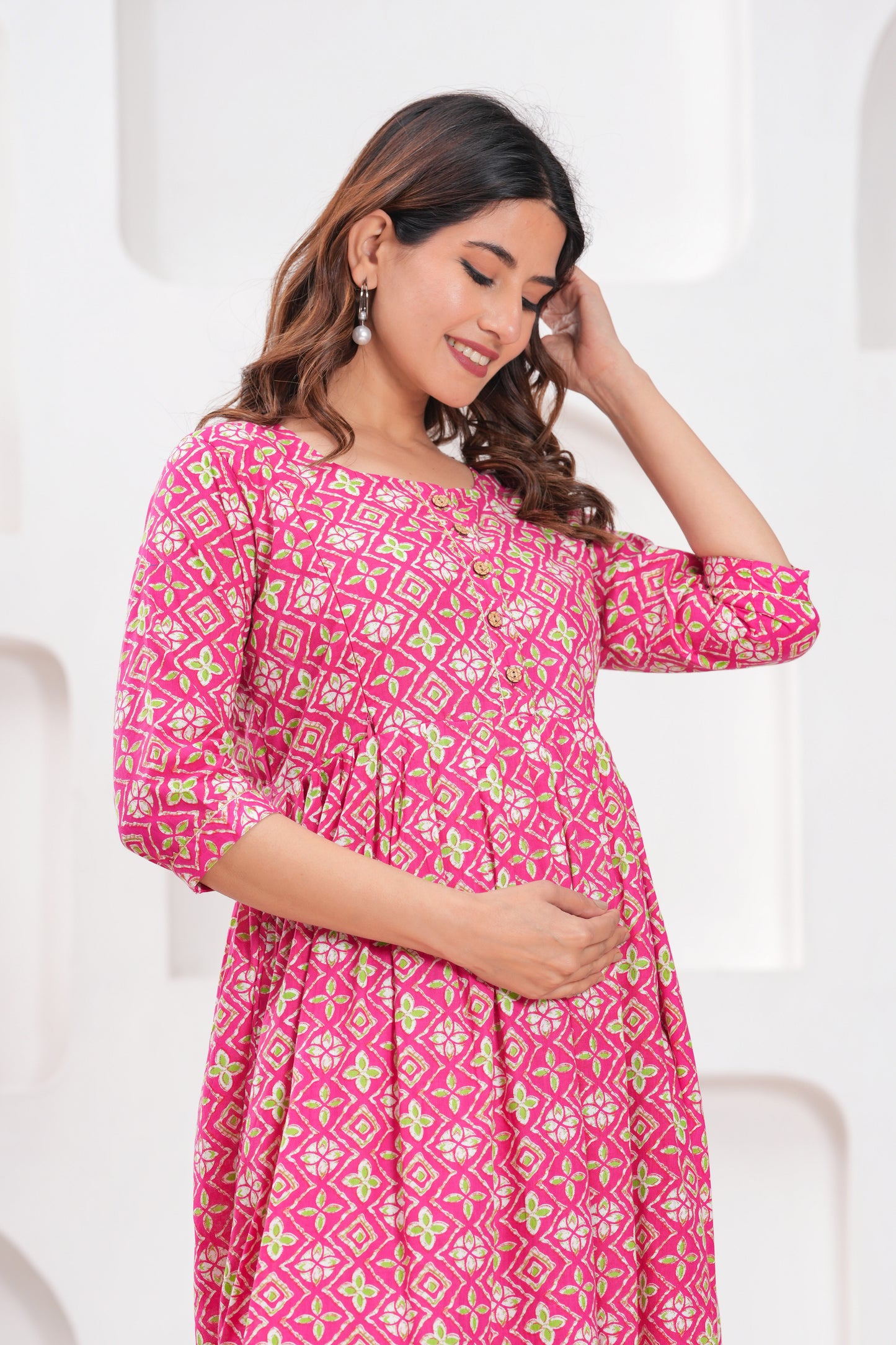 Hima Premium Cotton Anarkali Feeding & Maternity Kurti – 48 Inch Length, 2 Side Zips All-Day Comfort for Moms (Pink art)