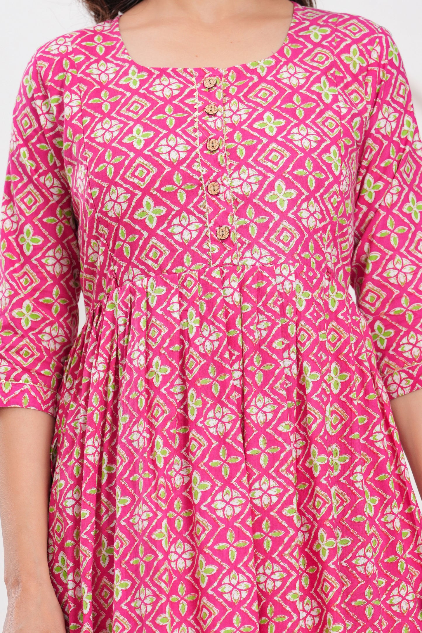 Hima Premium Cotton Anarkali Feeding & Maternity Kurti – 48 Inch Length, 2 Side Zips All-Day Comfort for Moms (Pink art)