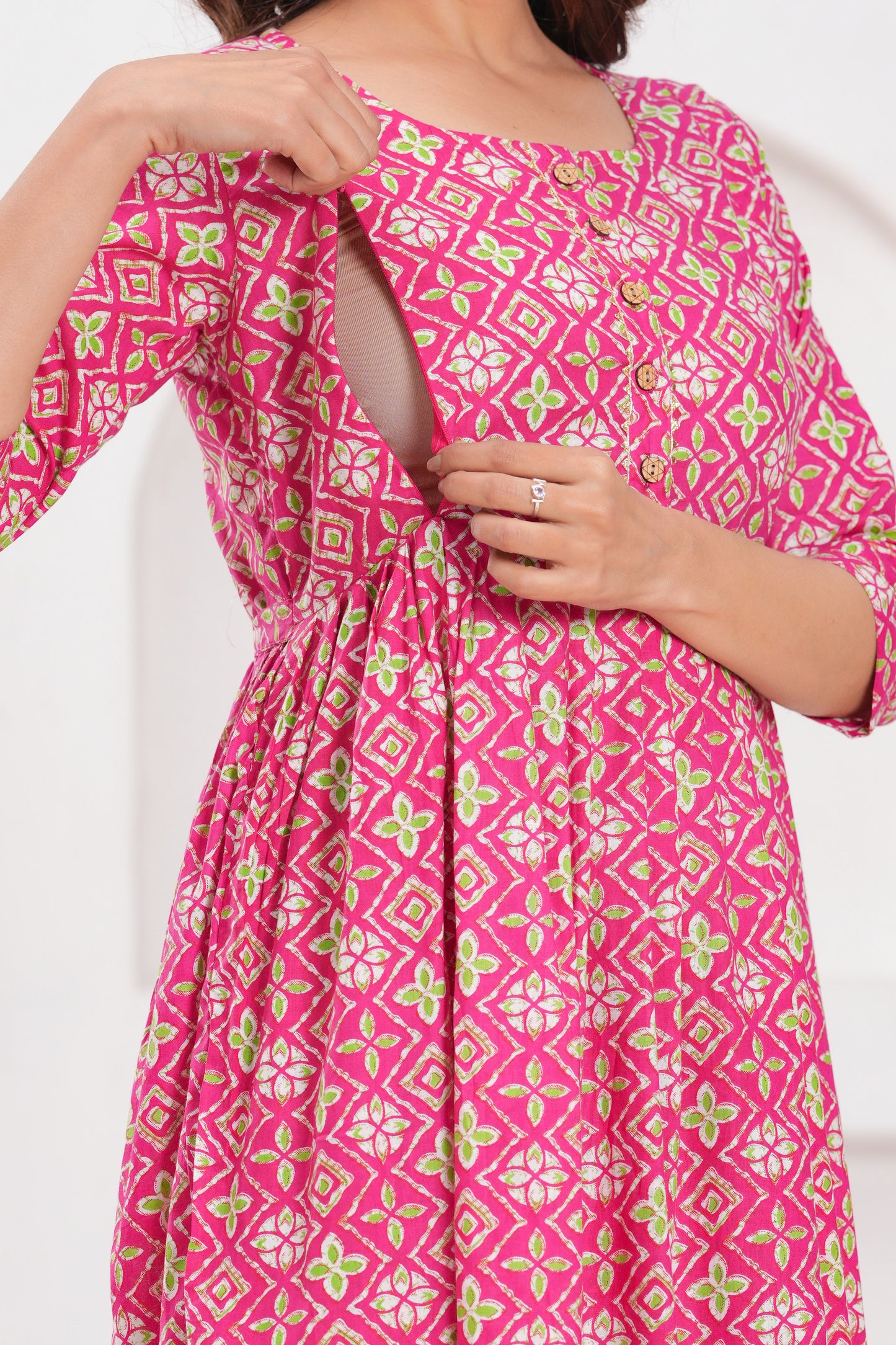 Hima Premium Cotton Anarkali Feeding & Maternity Kurti – 48 Inch Length, 2 Side Zips All-Day Comfort for Moms (Pink art)