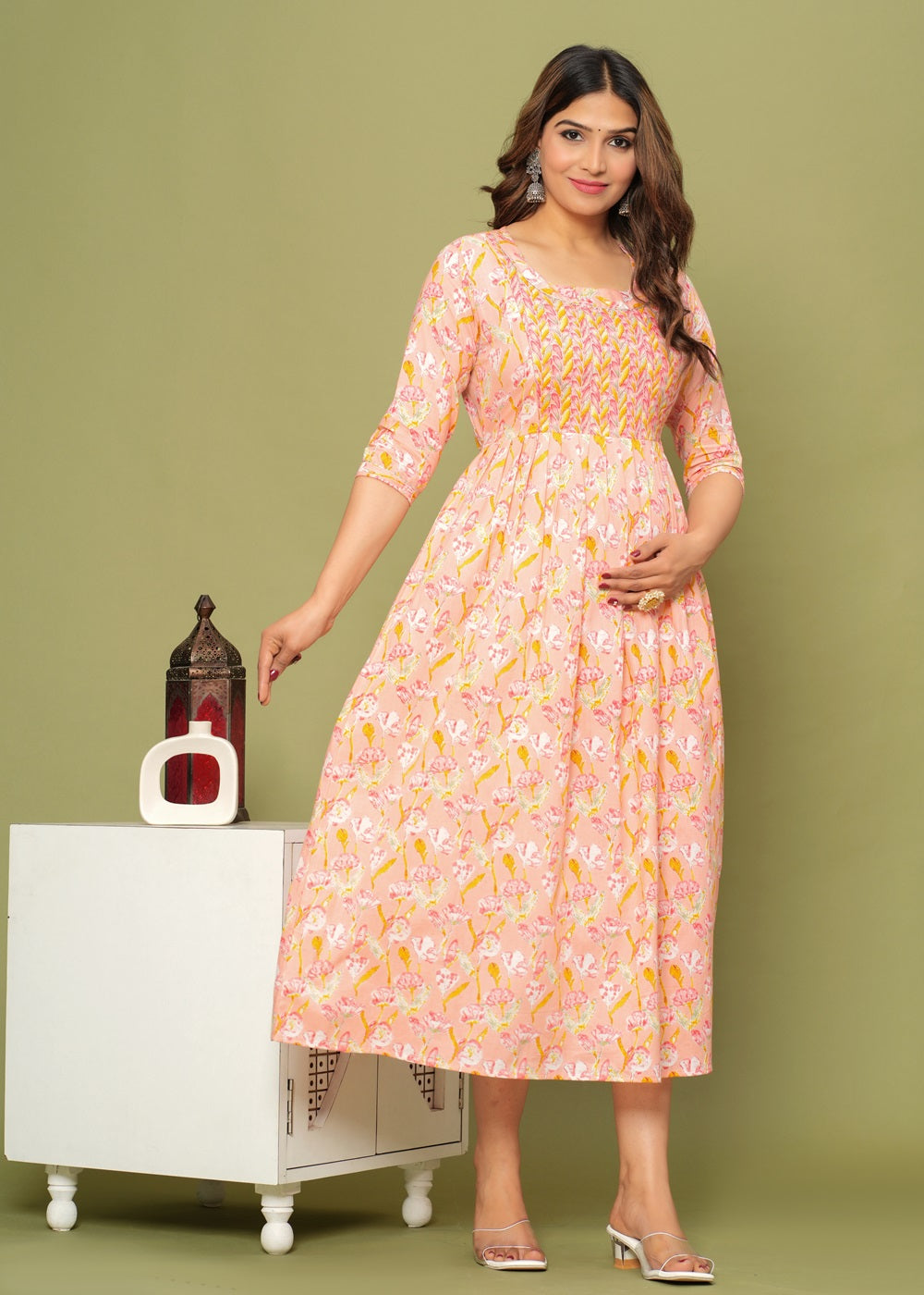 Hima Premium Cotton Anarkali Feeding & Maternity Kurti β 48 Inch Length, 2 Side Zips All-Day Comfort for Momsi (Pink)