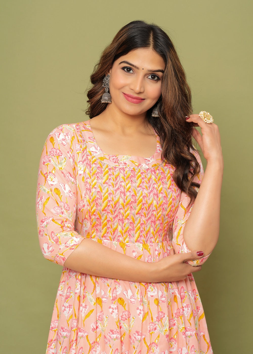 Hima Premium Cotton Anarkali Feeding & Maternity Kurti β 48 Inch Length, 2 Side Zips All-Day Comfort for Momsi (Pink)