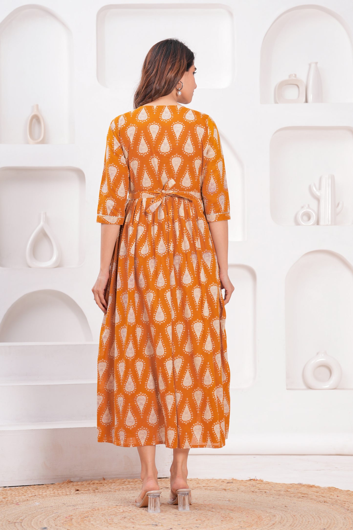Hima Premium Cotton Anarkali Feeding & Maternity Kurti – 48 Inch Length, 2 Side Zips All-Day Comfort for Moms (Orange floral)