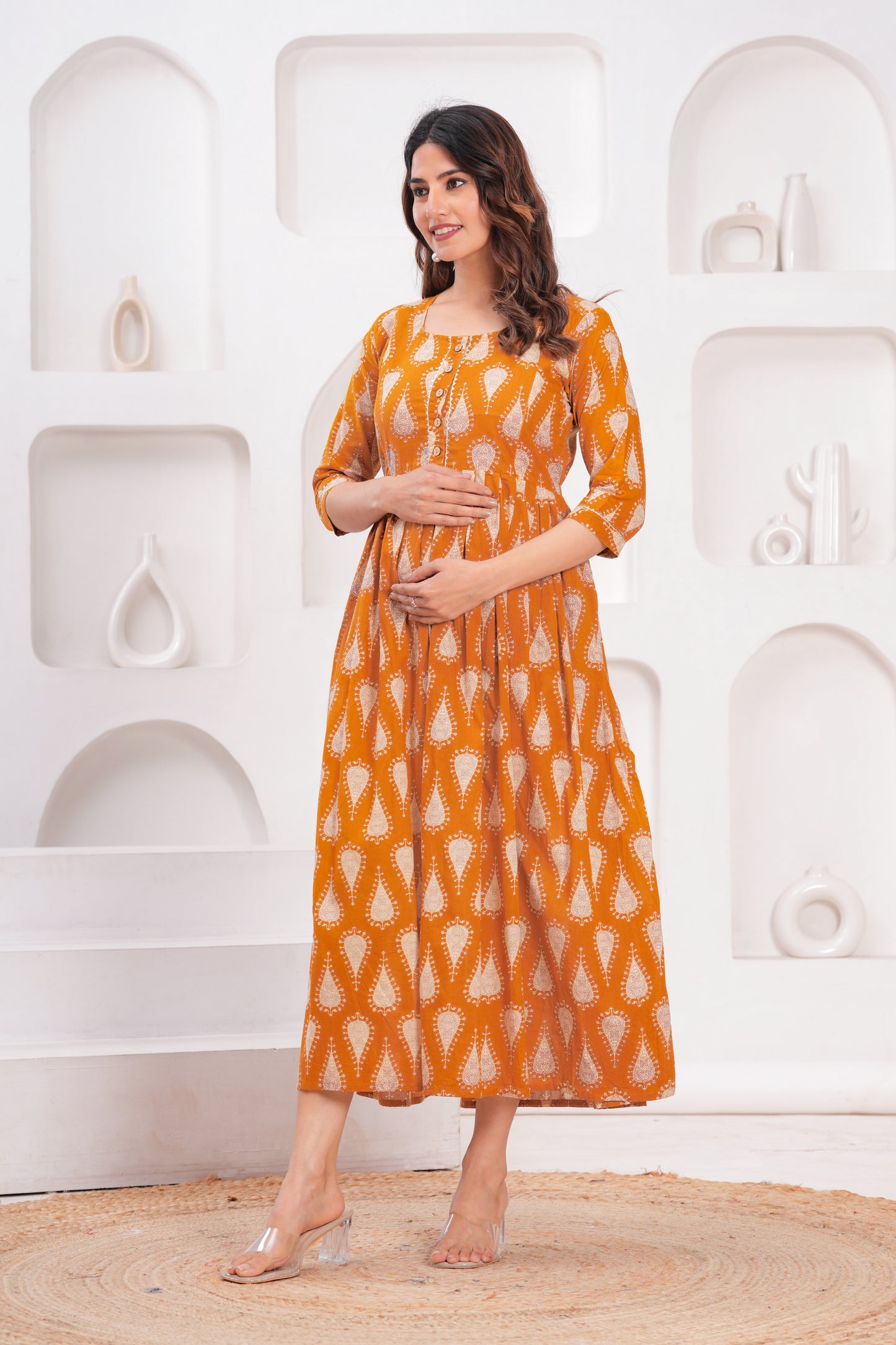Hima Premium Cotton Anarkali Feeding & Maternity Kurti – 48 Inch Length, 2 Side Zips All-Day Comfort for Moms (Orange floral)