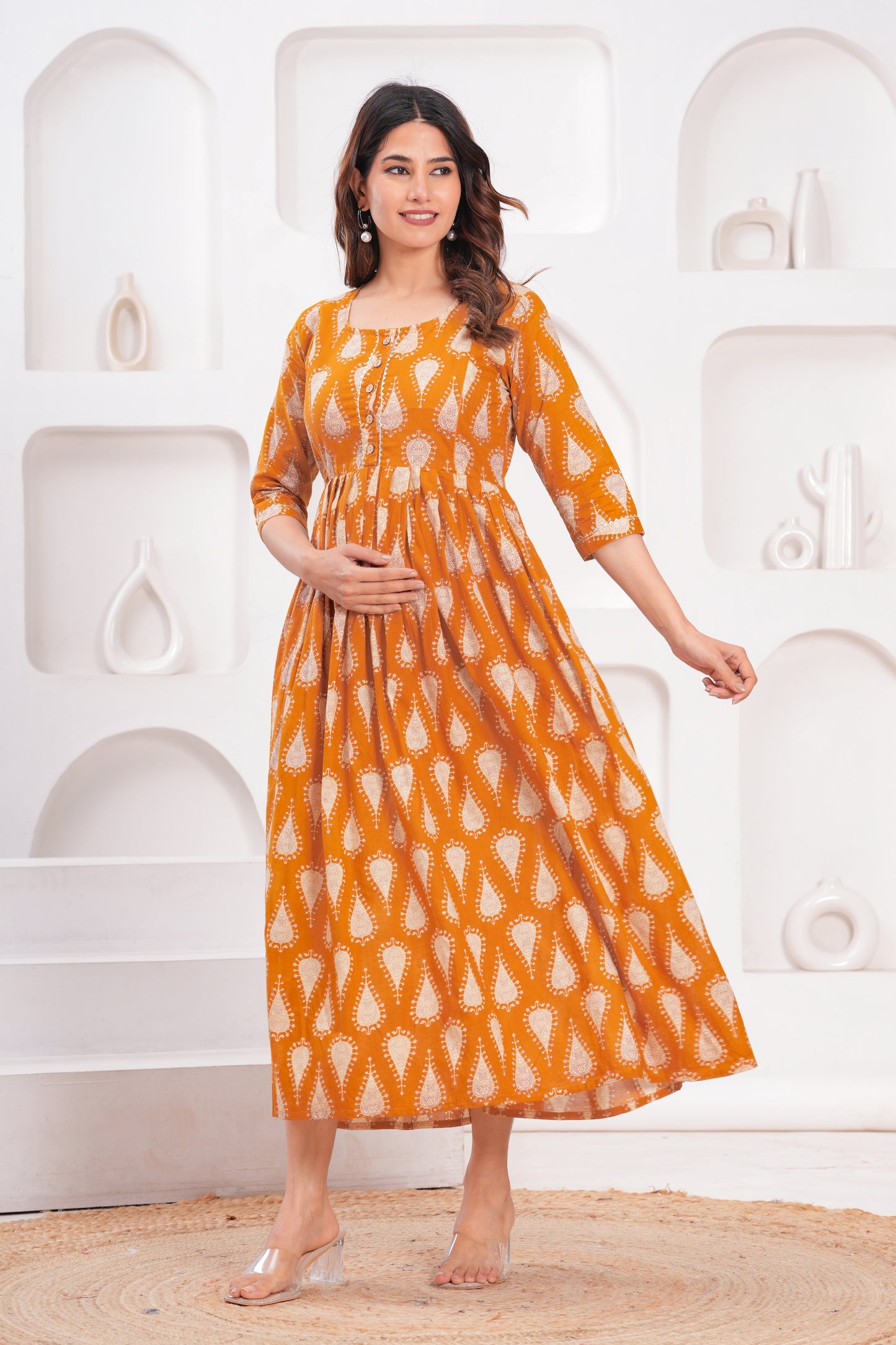 Hima Premium Cotton Anarkali Feeding & Maternity Kurti – 48 Inch Length, 2 Side Zips All-Day Comfort for Moms (Orange floral)