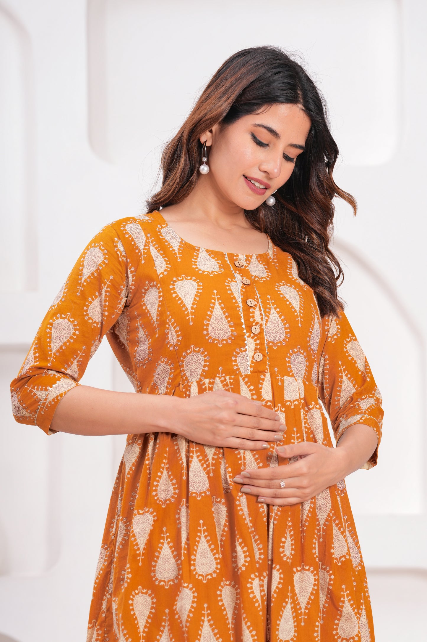 Hima Premium Cotton Anarkali Feeding & Maternity Kurti – 48 Inch Length, 2 Side Zips All-Day Comfort for Moms (Orange floral)