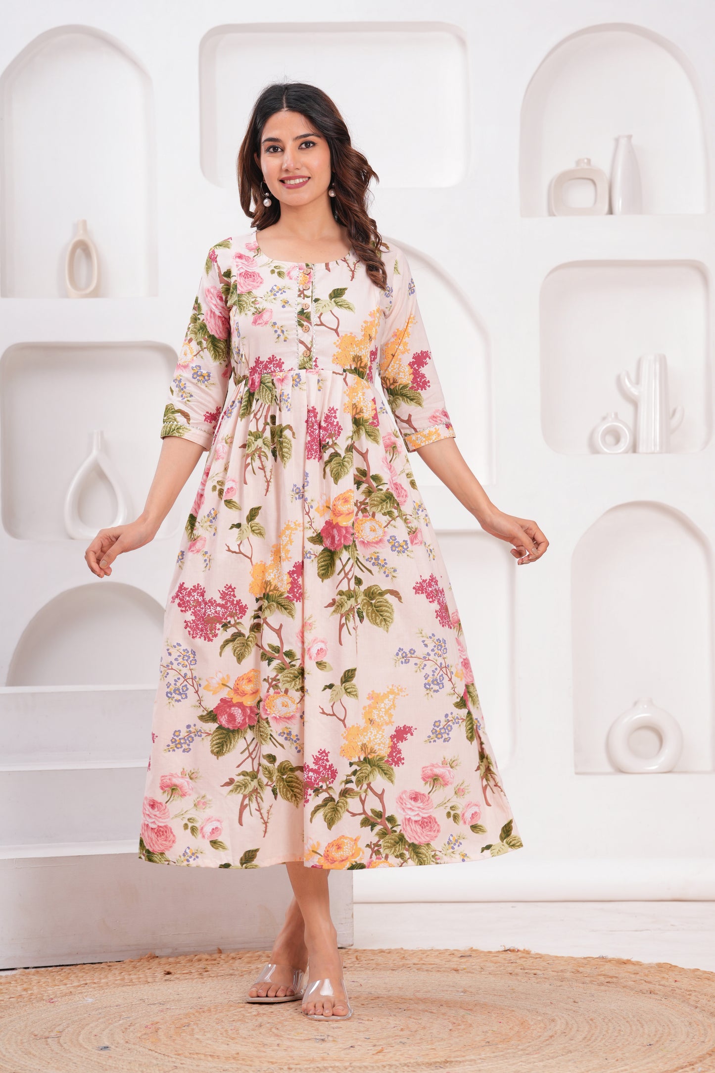 Hima Premium Cotton Anarkali Feeding & Maternity Kurti – 48 Inch Length, 2 Side Zips All-Day Comfort for Moms (White & Pink )