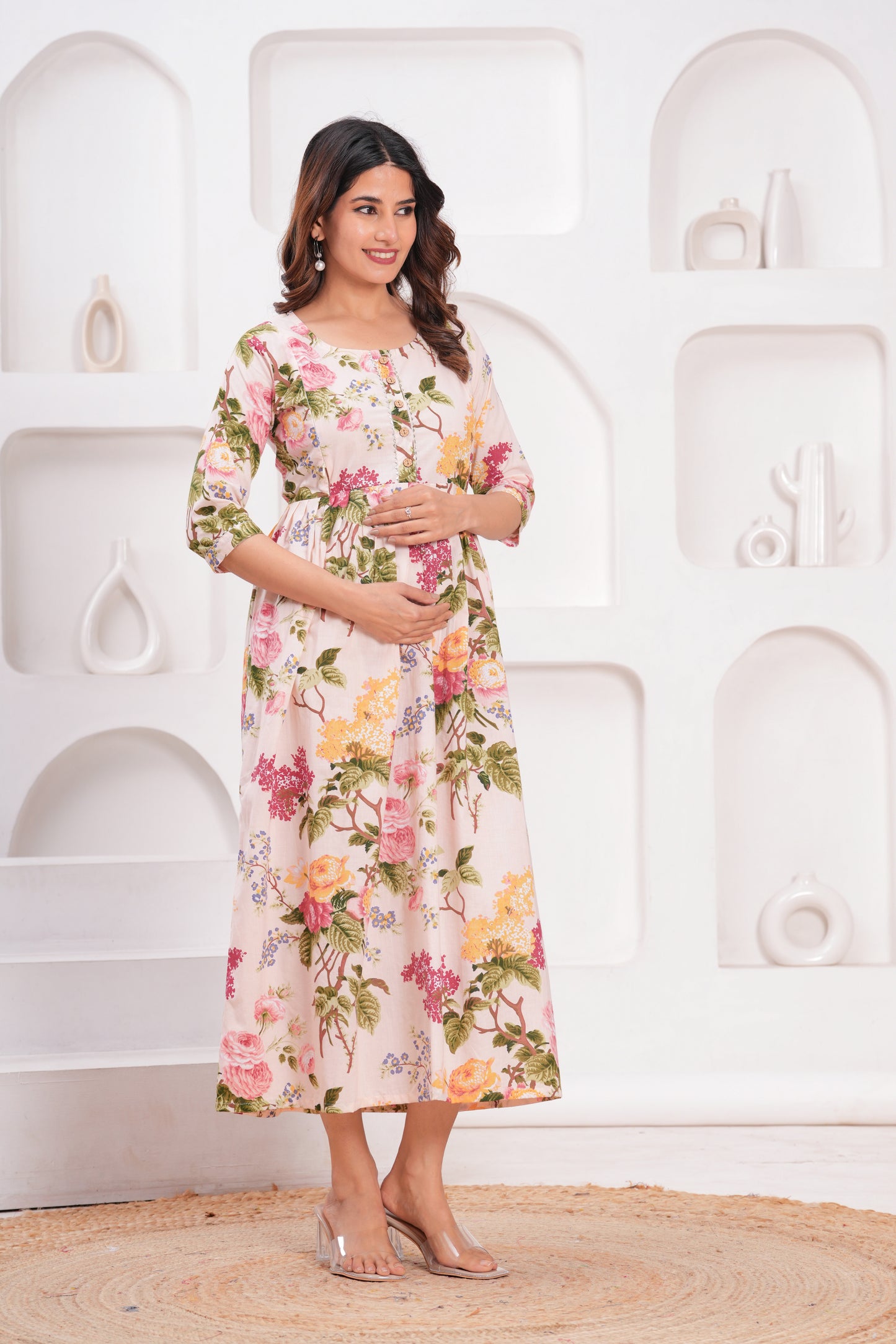 Hima Premium Cotton Anarkali Feeding & Maternity Kurti – 48 Inch Length, 2 Side Zips All-Day Comfort for Moms (White & Pink )