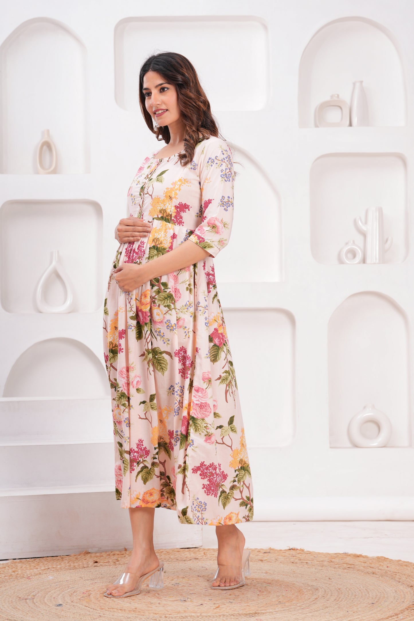 Hima Premium Cotton Anarkali Feeding & Maternity Kurti – 48 Inch Length, 2 Side Zips All-Day Comfort for Moms (White & Pink )