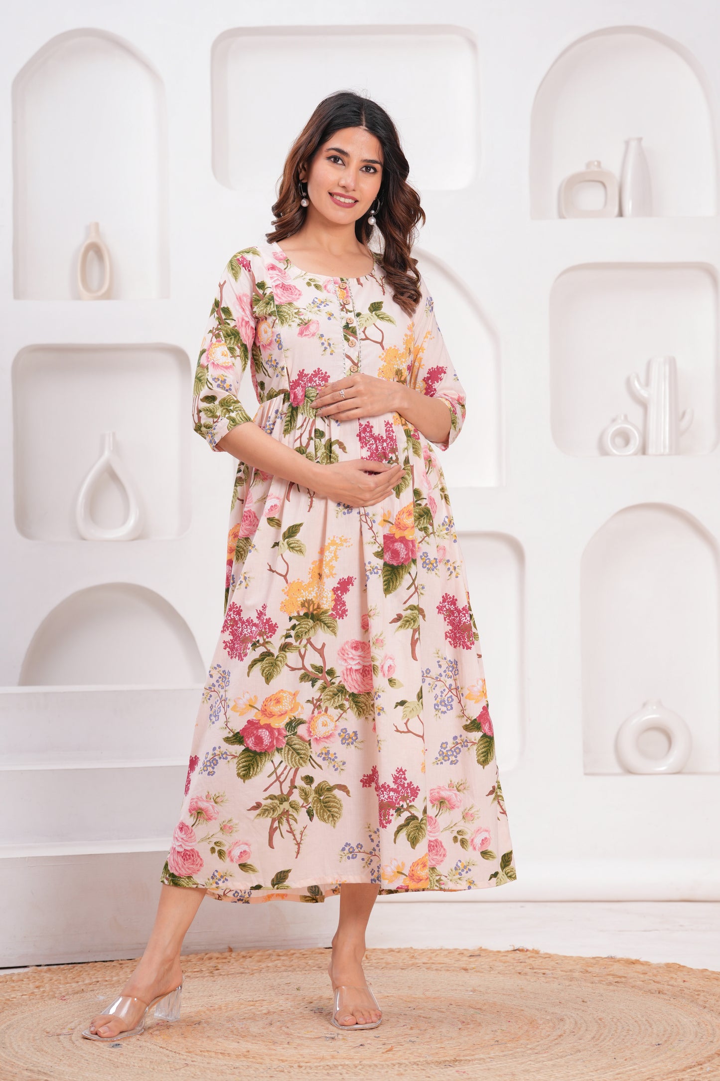 Hima Premium Cotton Anarkali Feeding & Maternity Kurti – 48 Inch Length, 2 Side Zips All-Day Comfort for Moms (White & Pink )
