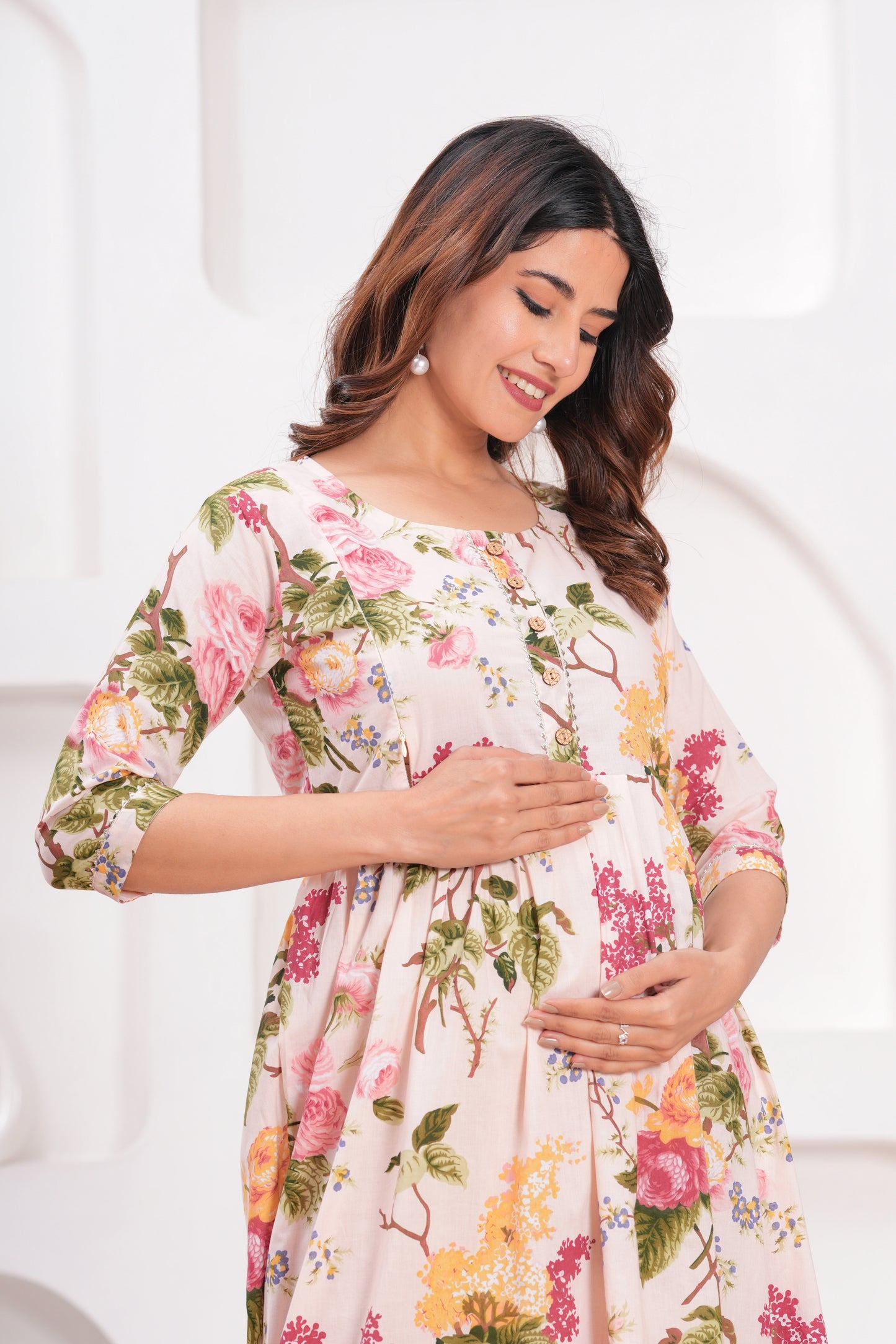 Hima Premium Cotton Anarkali Feeding & Maternity Kurti – 48 Inch Length, 2 Side Zips All-Day Comfort for Moms (White & Pink )