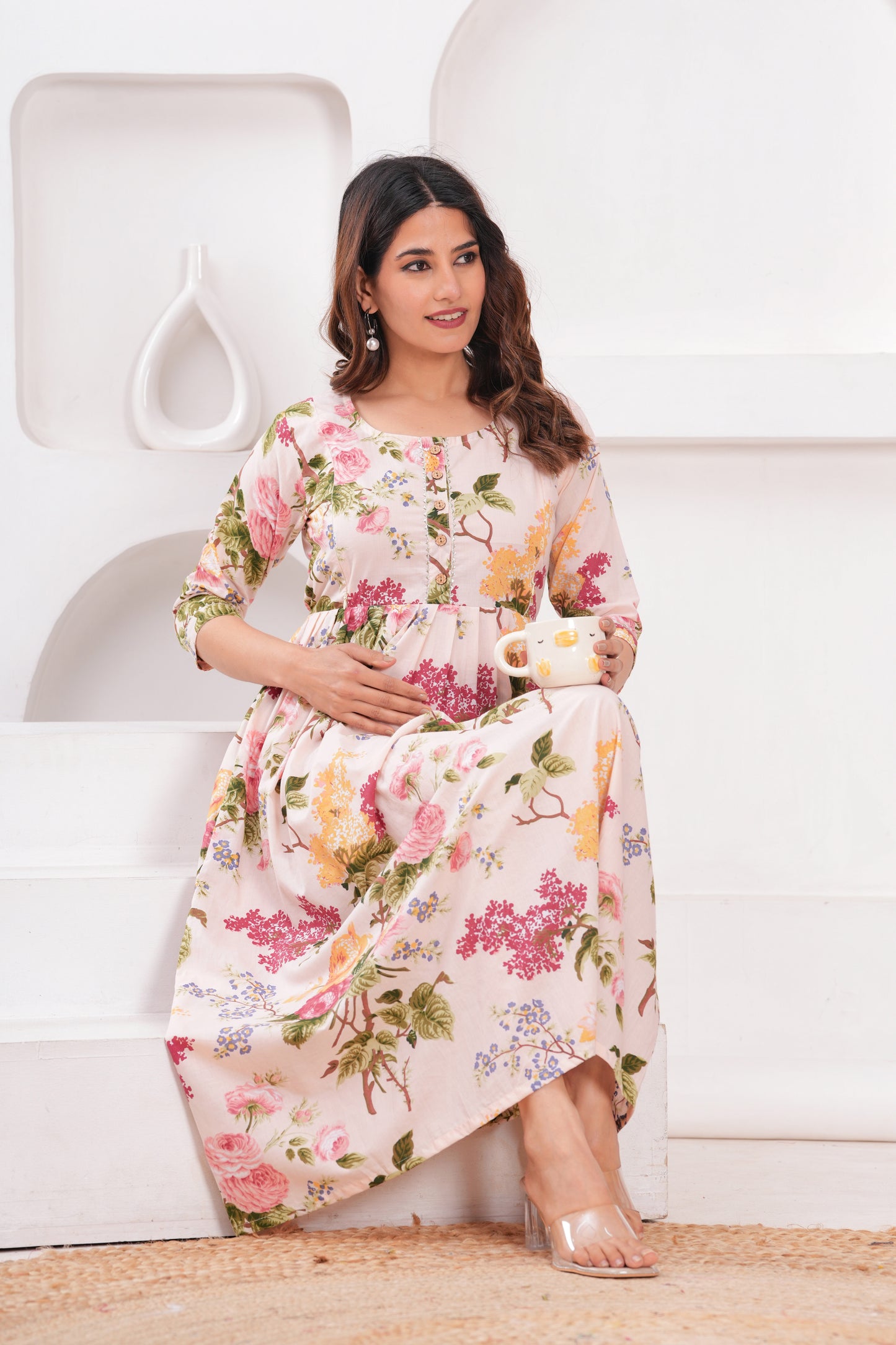 Hima Premium Cotton Anarkali Feeding & Maternity Kurti – 48 Inch Length, 2 Side Zips All-Day Comfort for Moms (White & Pink )
