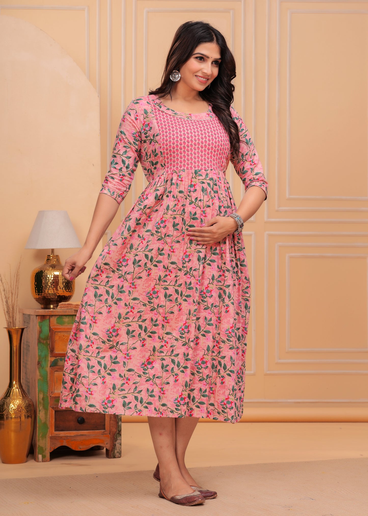 Hima Premium Cotton Anarkali Feeding & Maternity Kurti β 48 Inch Length, 2 Side Zips All-Day Comfort for Moms (Pink)