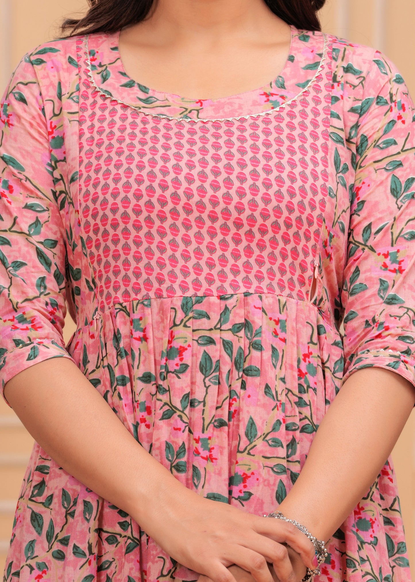 Hima Premium Cotton Anarkali Feeding & Maternity Kurti β 48 Inch Length, 2 Side Zips All-Day Comfort for Moms (Pink)