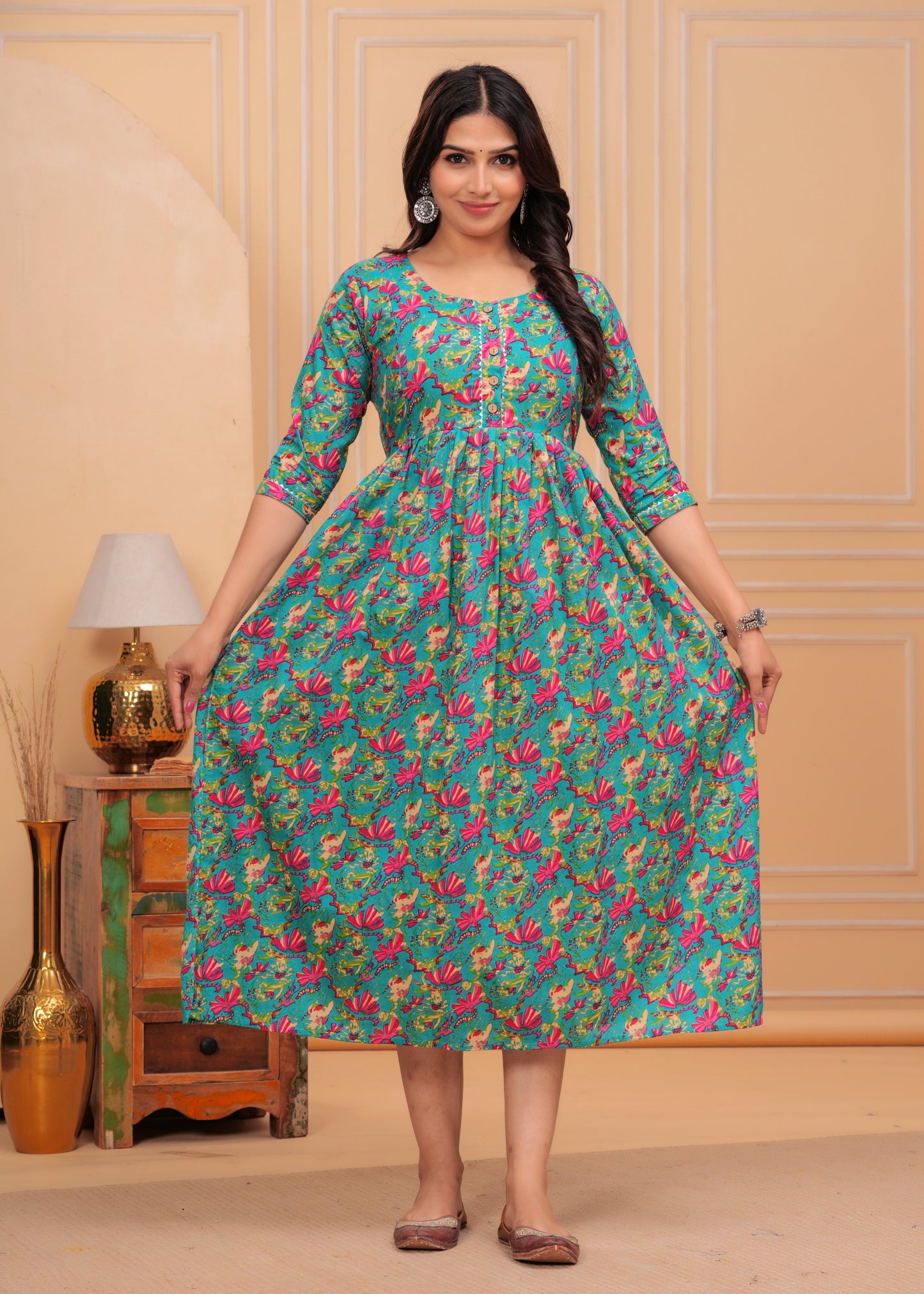 Hima Premium Cotton Anarkali Feeding & Maternity Kurti – 48 Inch Length, 2 Side Zips All-Day Comfort for Moms (Green with Pink Floral)