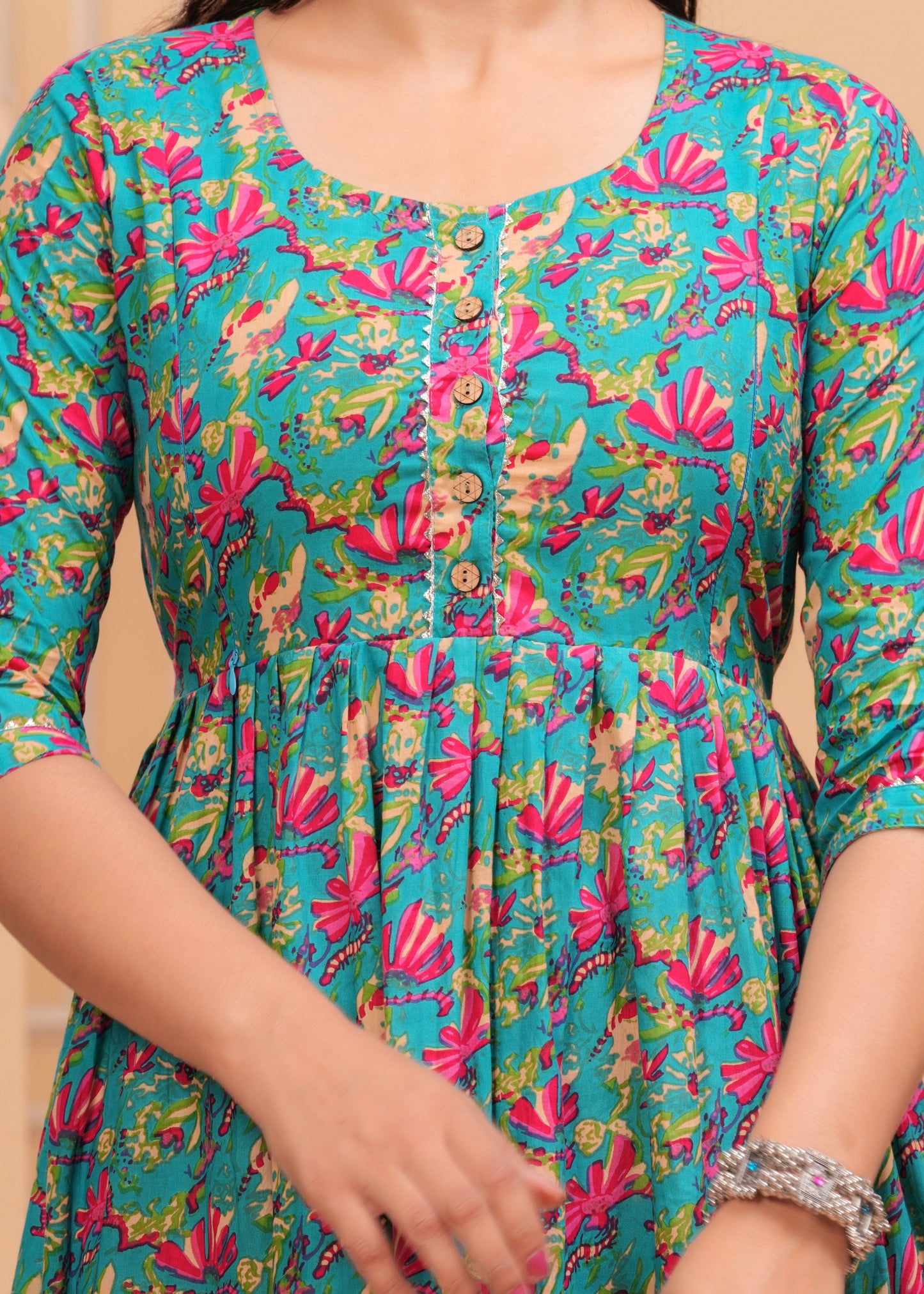 Hima Premium Cotton Anarkali Feeding & Maternity Kurti – 48 Inch Length, 2 Side Zips All-Day Comfort for Moms (Green with Pink Floral)