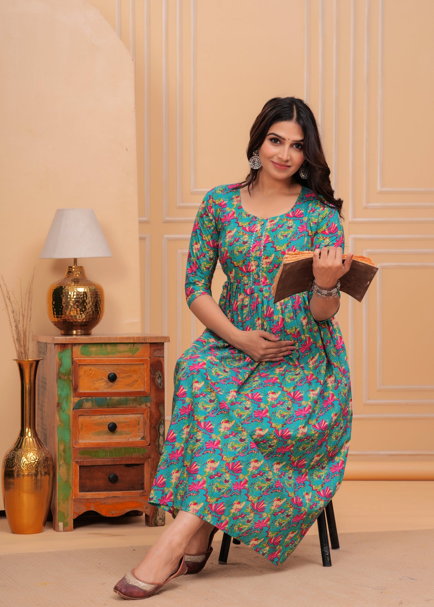 Hima Premium Cotton Anarkali Feeding & Maternity Kurti – 48 Inch Length, 2 Side Zips All-Day Comfort for Moms (Green with Pink Floral)
