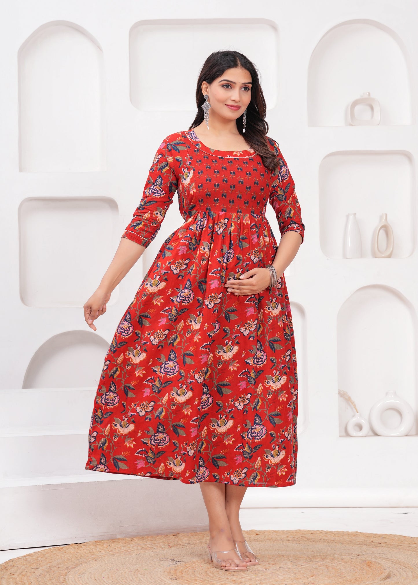 Hima Premium Cotton Anarkali Feeding & Maternity Kurti β 48 Inch Length, 2 Side Zips