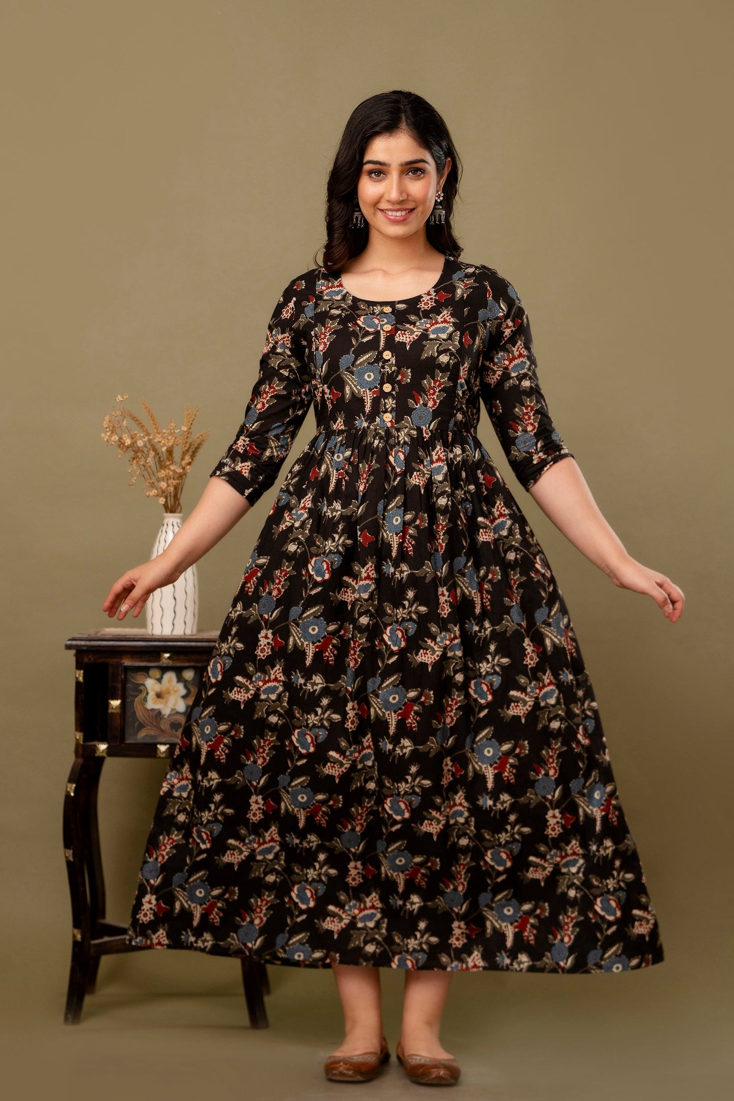Hima Premium Cotton Anarkali Feeding & Maternity Kurti β 48 Inch Length, 2 Side Zips All-Day Comfort for Moms (Black)
