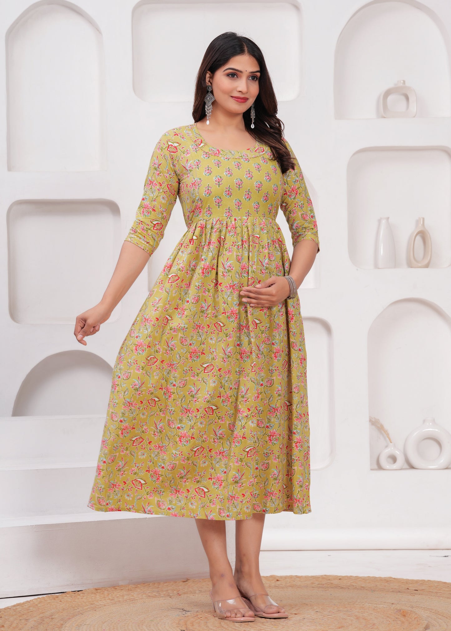 Hima Premium Cotton Anarkali Feeding & Maternity Kurti β 48 Inch Length, 2 Side Zips
