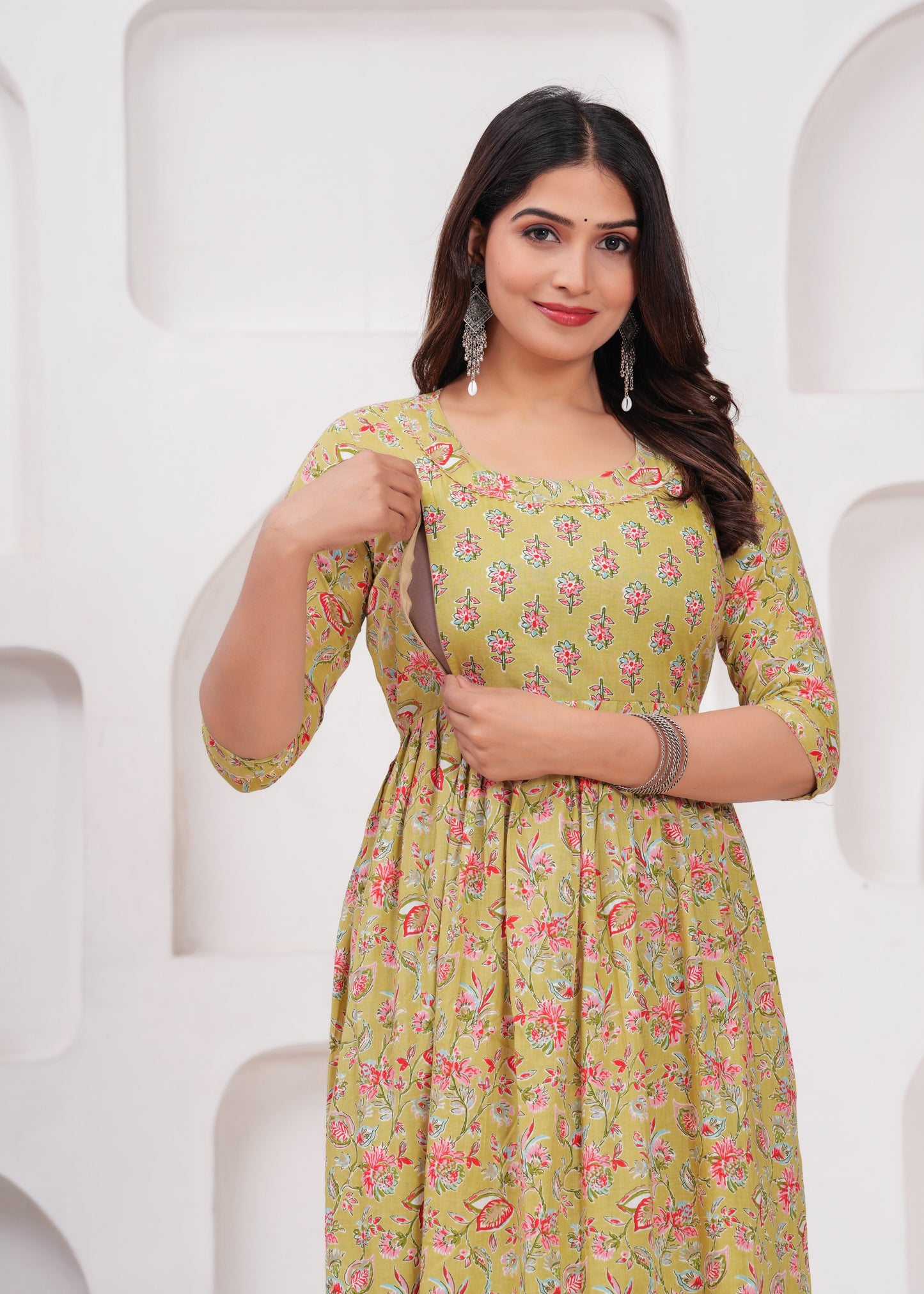 Hima Premium Cotton Anarkali Feeding & Maternity Kurti β 48 Inch Length, 2 Side Zips