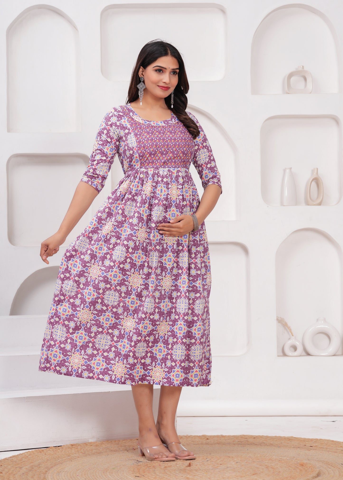 Hima Premium Cotton Anarkali Feeding & Maternity Kurti β 48 Inch Length, 2 Side Zips