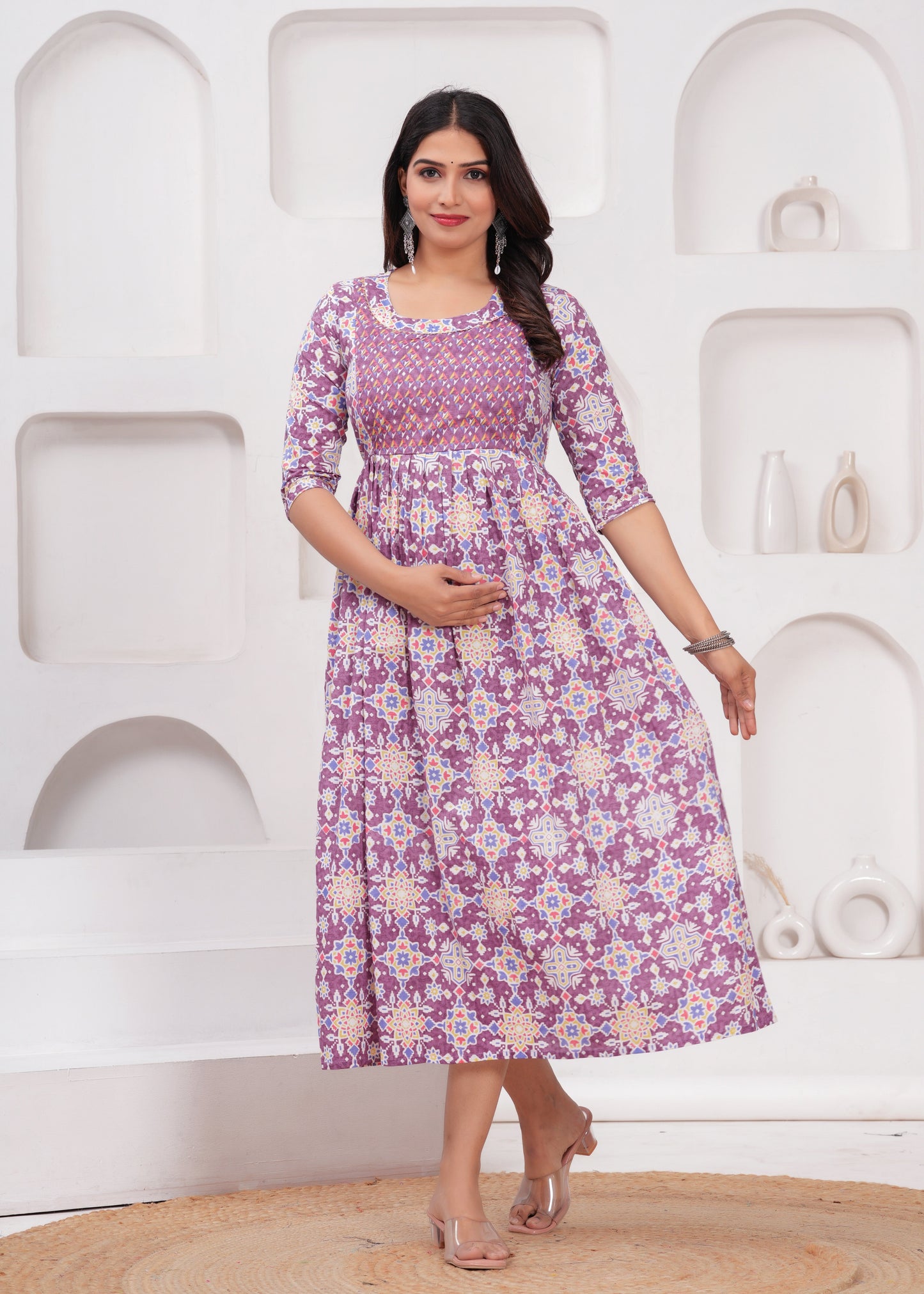 Hima Premium Cotton Anarkali Feeding & Maternity Kurti β 48 Inch Length, 2 Side Zips