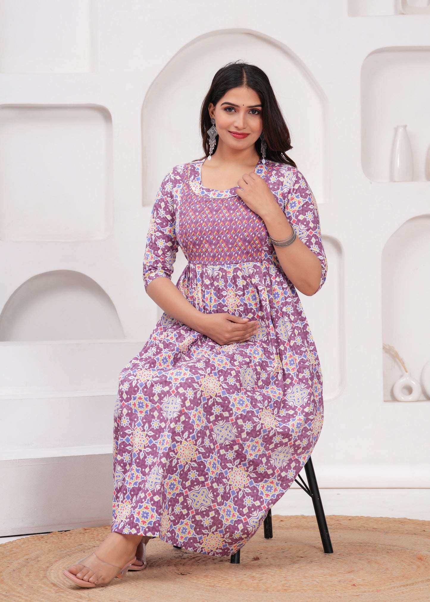 Hima Premium Cotton Anarkali Feeding & Maternity Kurti β 48 Inch Length, 2 Side Zips