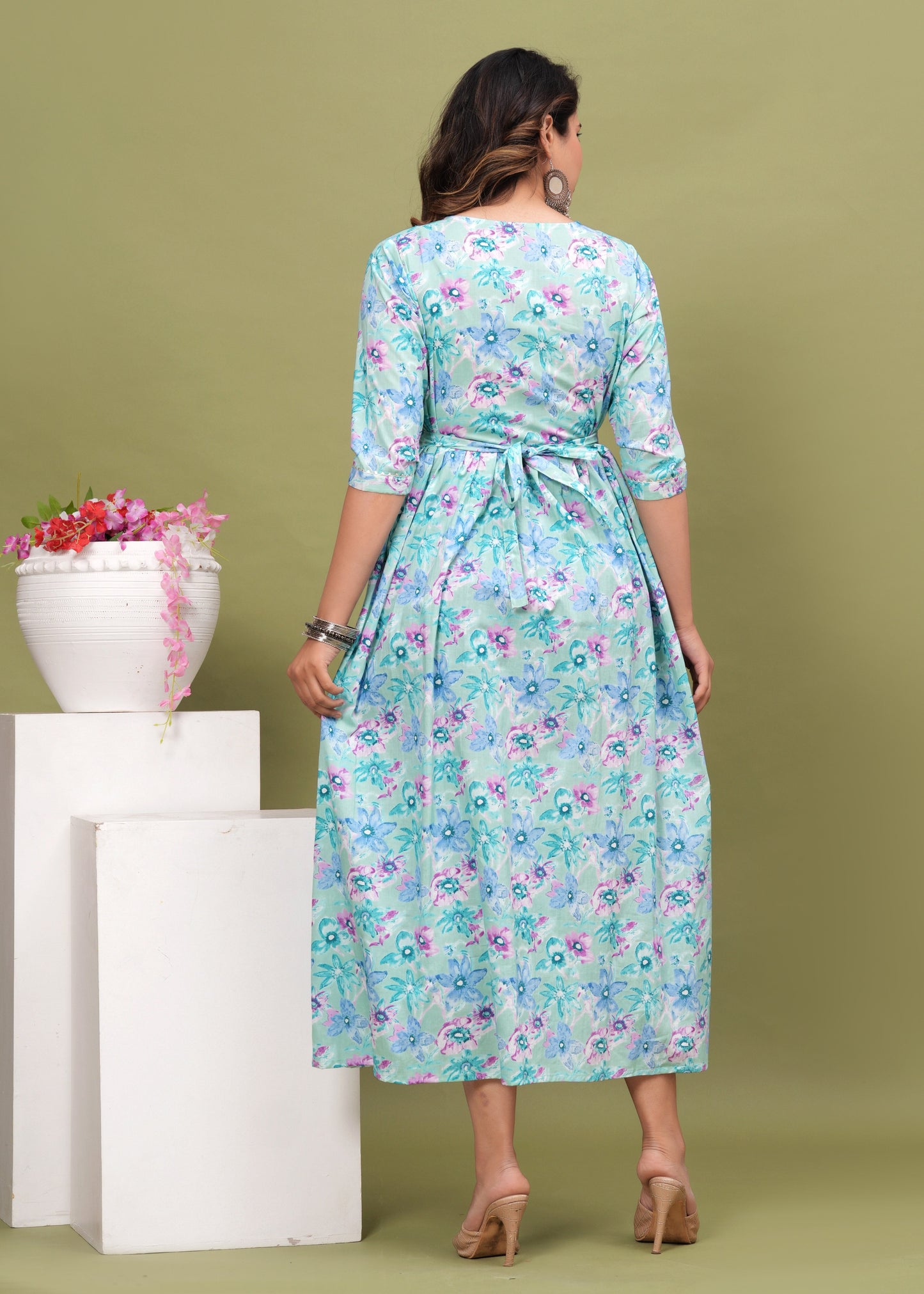 Nature's Embrace: Hima Leaf Print Cotton Maternity Feeding Kurti (Light Blue) (LUX001)