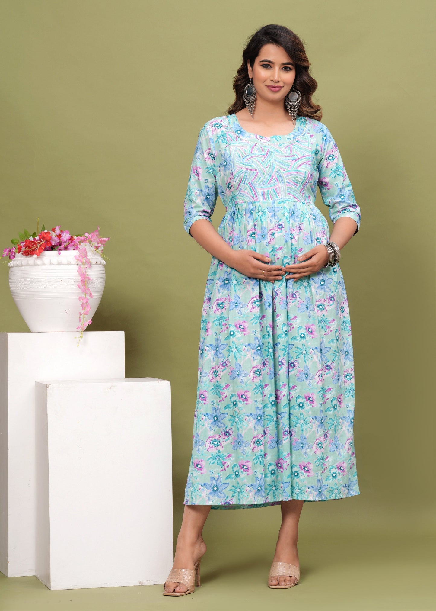 Nature's Embrace: Hima Leaf Print Cotton Maternity Feeding Kurti (Light Blue) (LUX001)