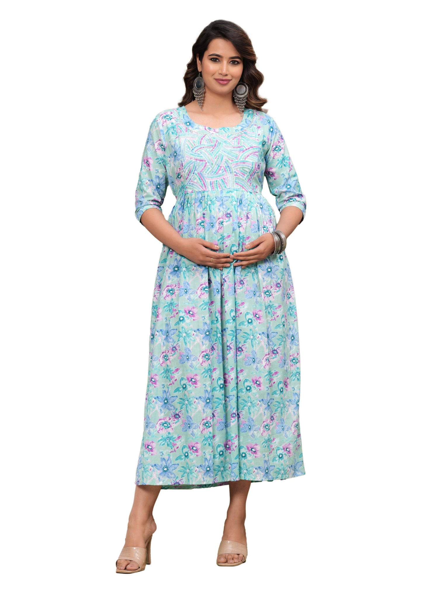 Nature's Embrace: Hima Leaf Print Cotton Maternity Feeding Kurti (Light Blue) (LUX001)