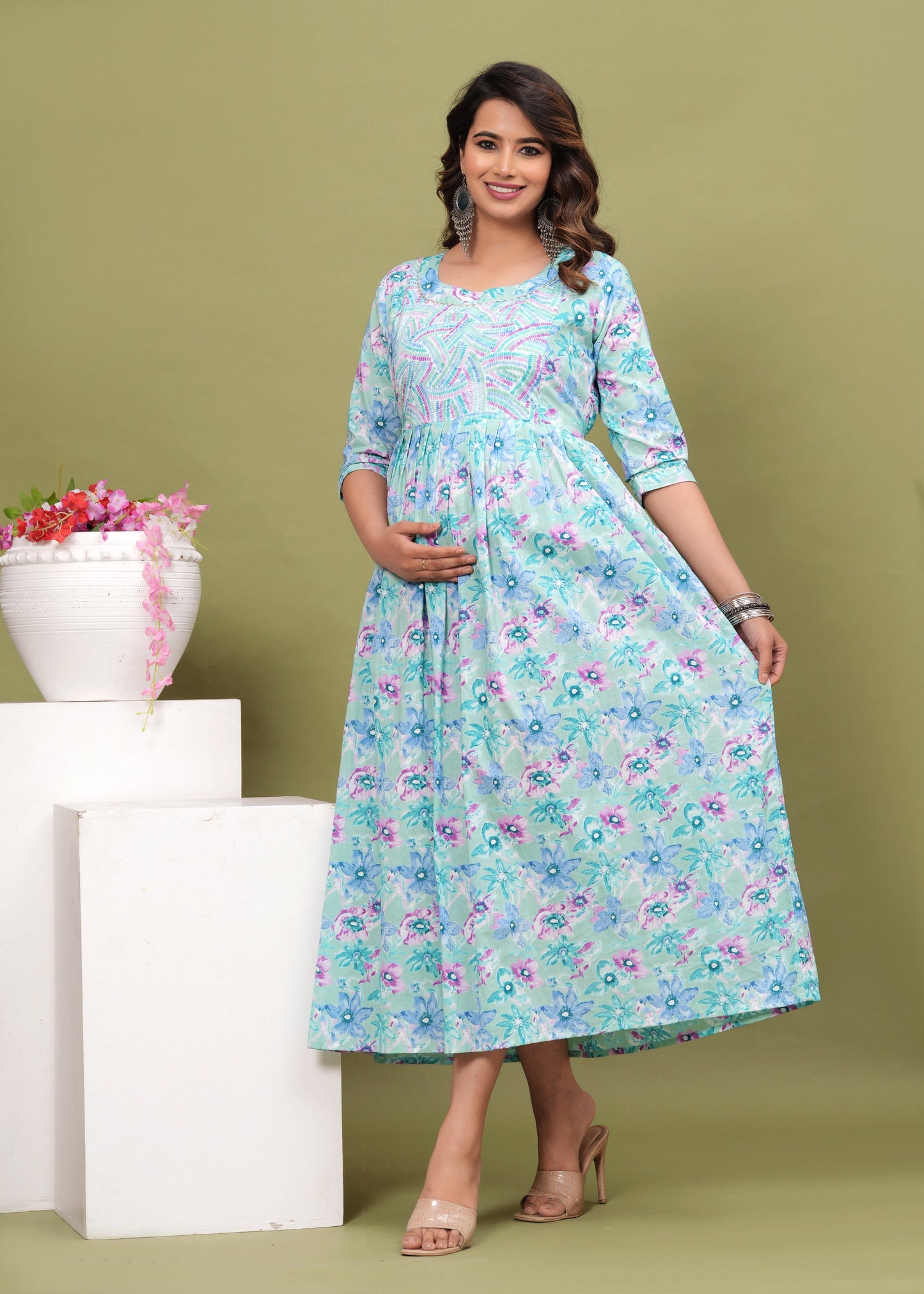 Nature's Embrace: Hima Leaf Print Cotton Maternity Feeding Kurti (Light Blue) (LUX001)