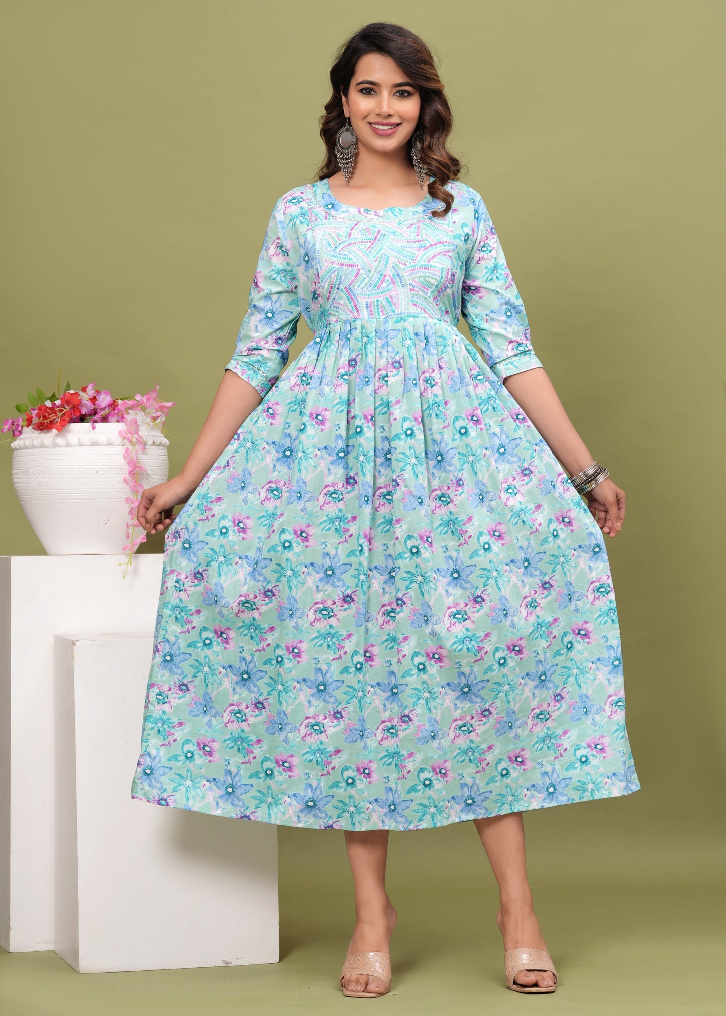 Nature's Embrace: Hima Leaf Print Cotton Maternity Feeding Kurti (Light Blue) (LUX001)
