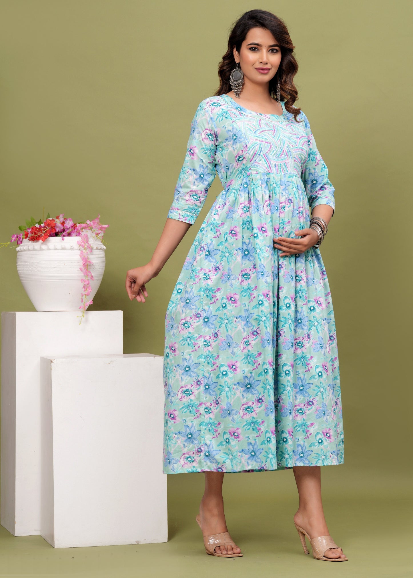 Nature's Embrace: Hima Leaf Print Cotton Maternity Feeding Kurti (Light Blue) (LUX001)