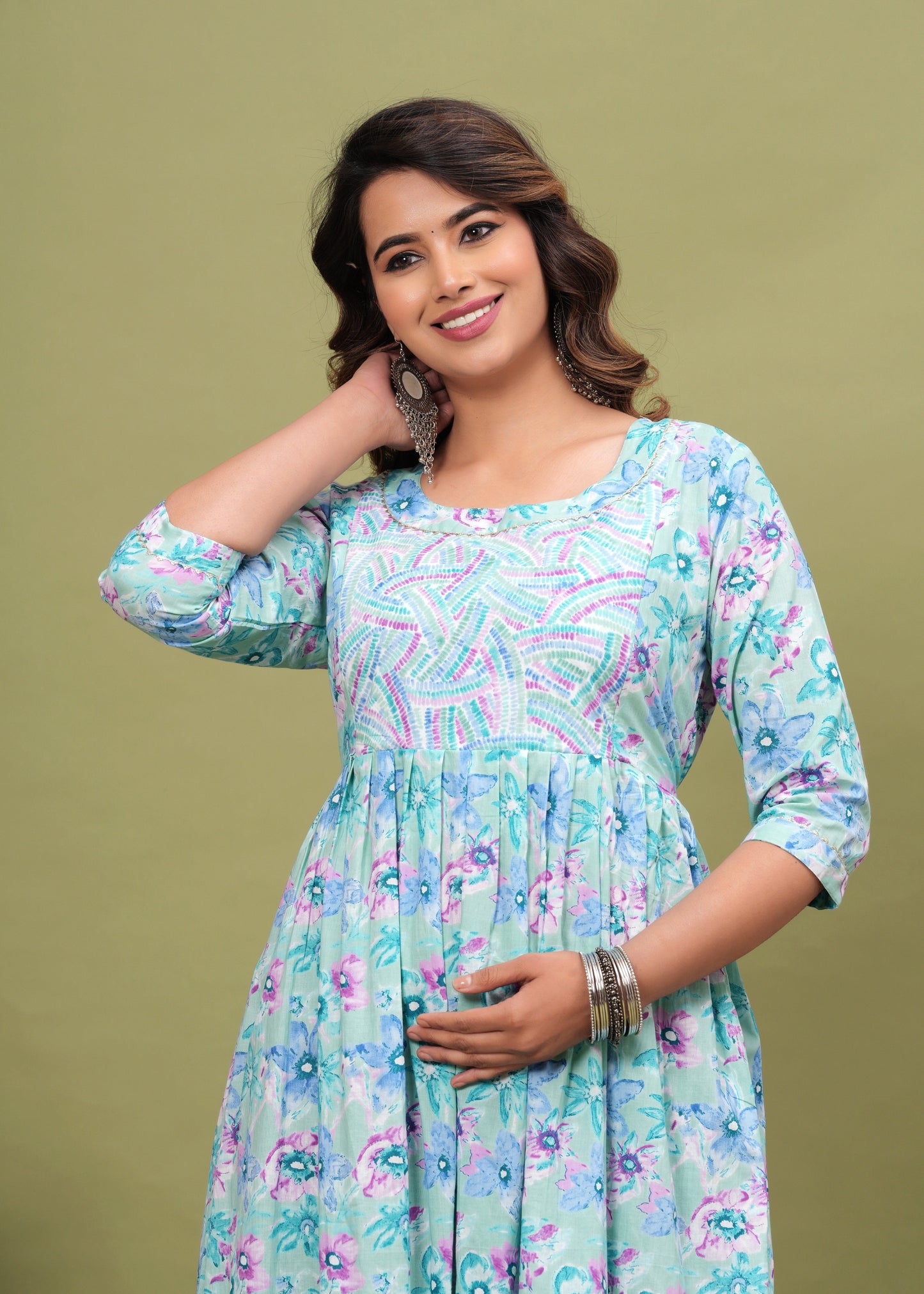 Nature's Embrace: Hima Leaf Print Cotton Maternity Feeding Kurti (Light Blue) (LUX001)