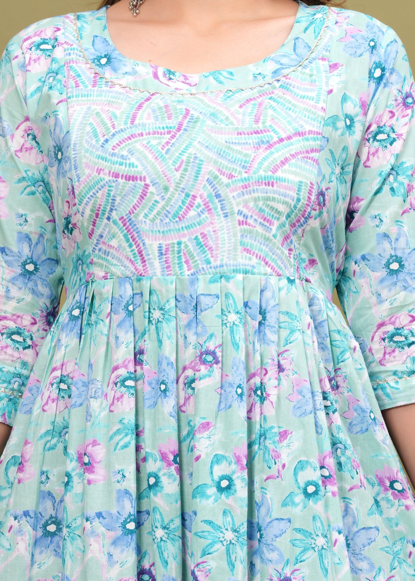Nature's Embrace: Hima Leaf Print Cotton Maternity Feeding Kurti (Light Blue) (LUX001)