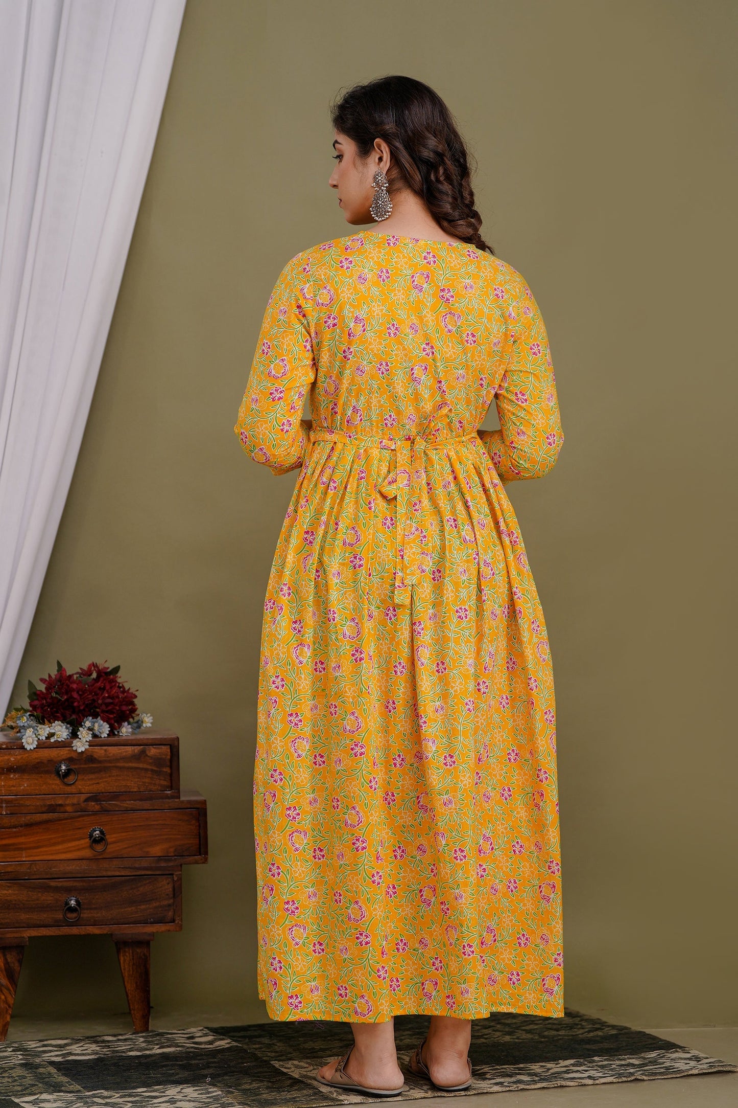 Hima Premium Cotton Anarkali Feeding & Maternity Kurti – 48 Inch Length, 2 Side Zips All-Day Comfort for Moms (Yellow)