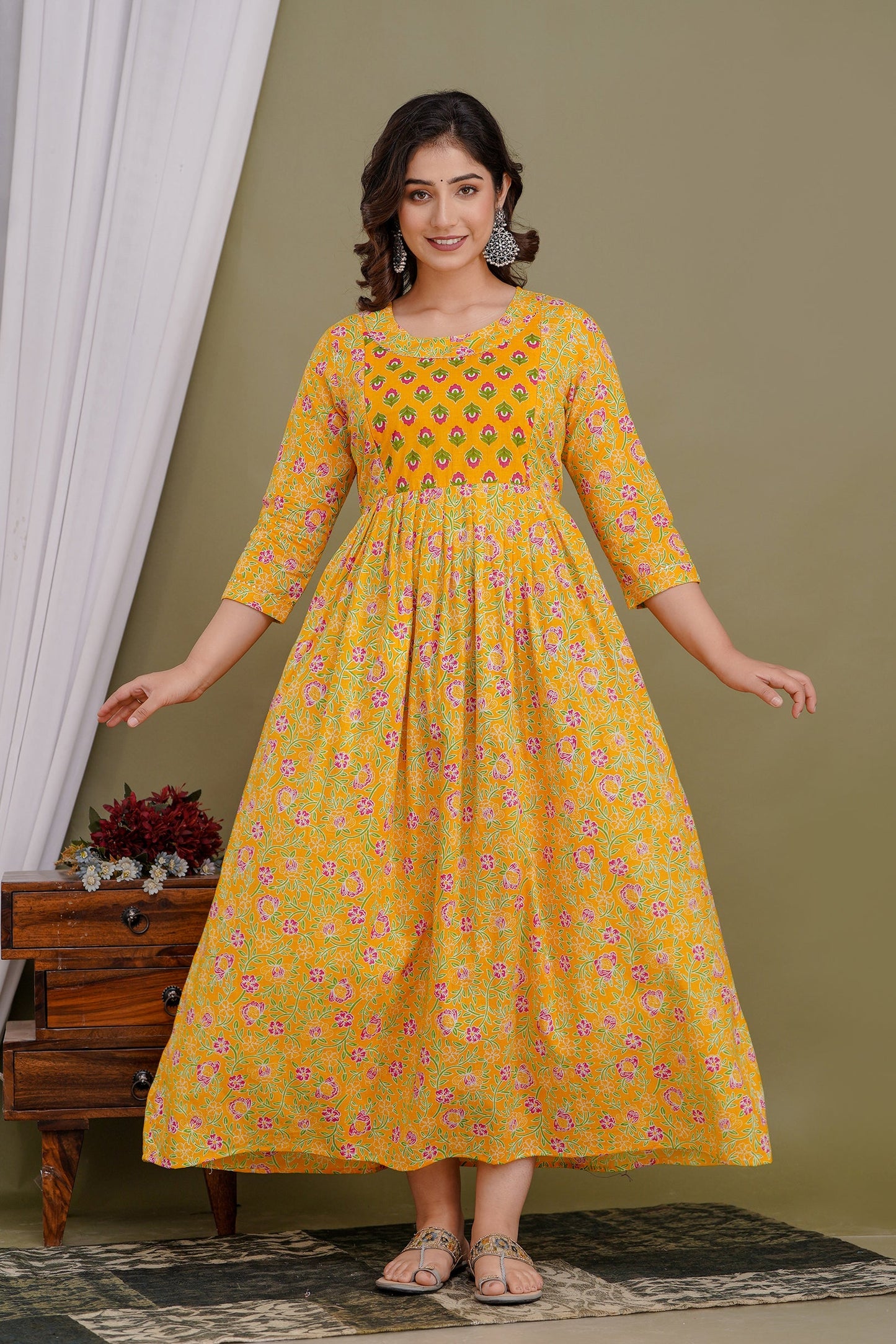 Hima Premium Cotton Anarkali Feeding & Maternity Kurti – 48 Inch Length, 2 Side Zips All-Day Comfort for Moms (Yellow)