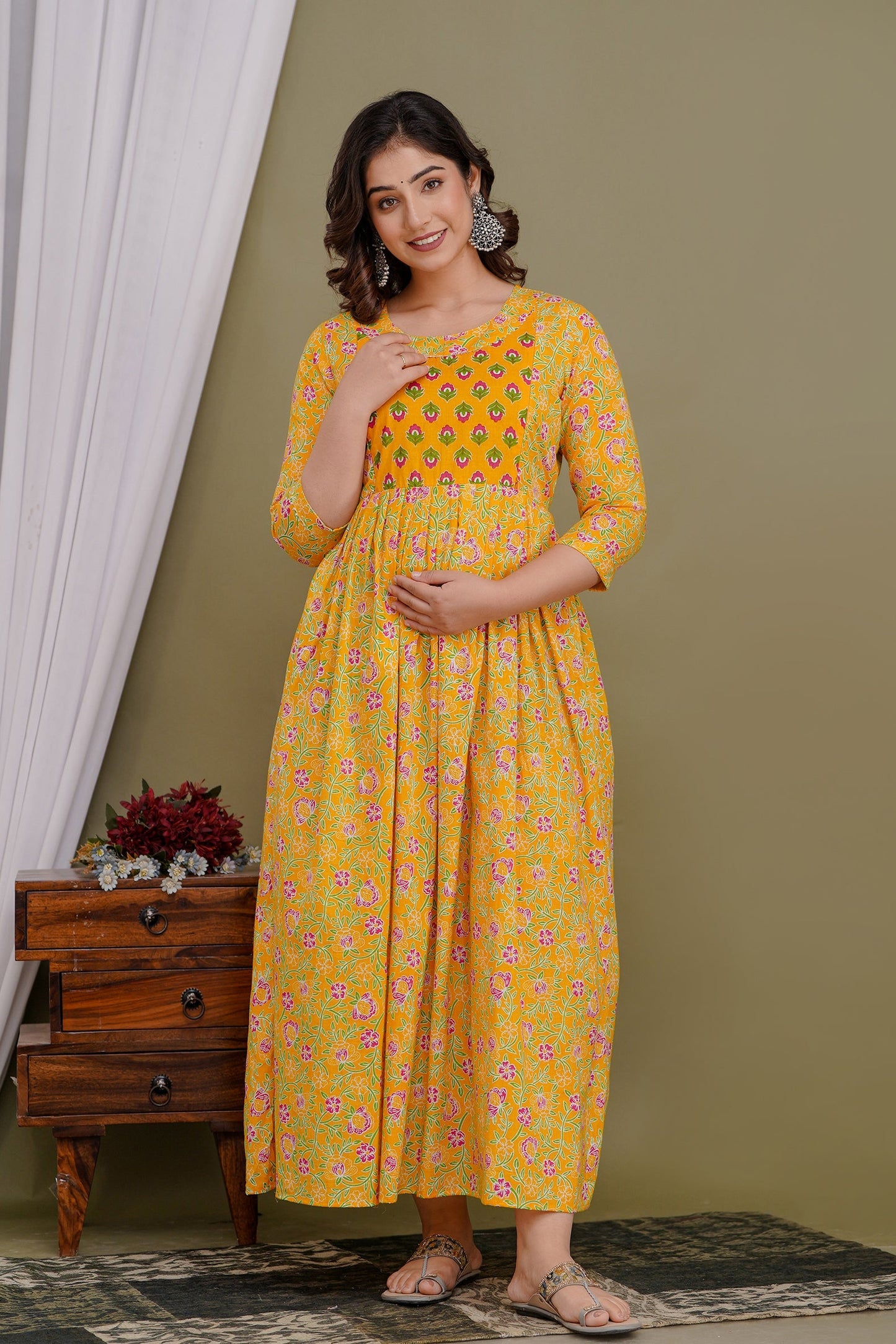 Hima Premium Cotton Anarkali Feeding & Maternity Kurti – 48 Inch Length, 2 Side Zips All-Day Comfort for Moms (Yellow)