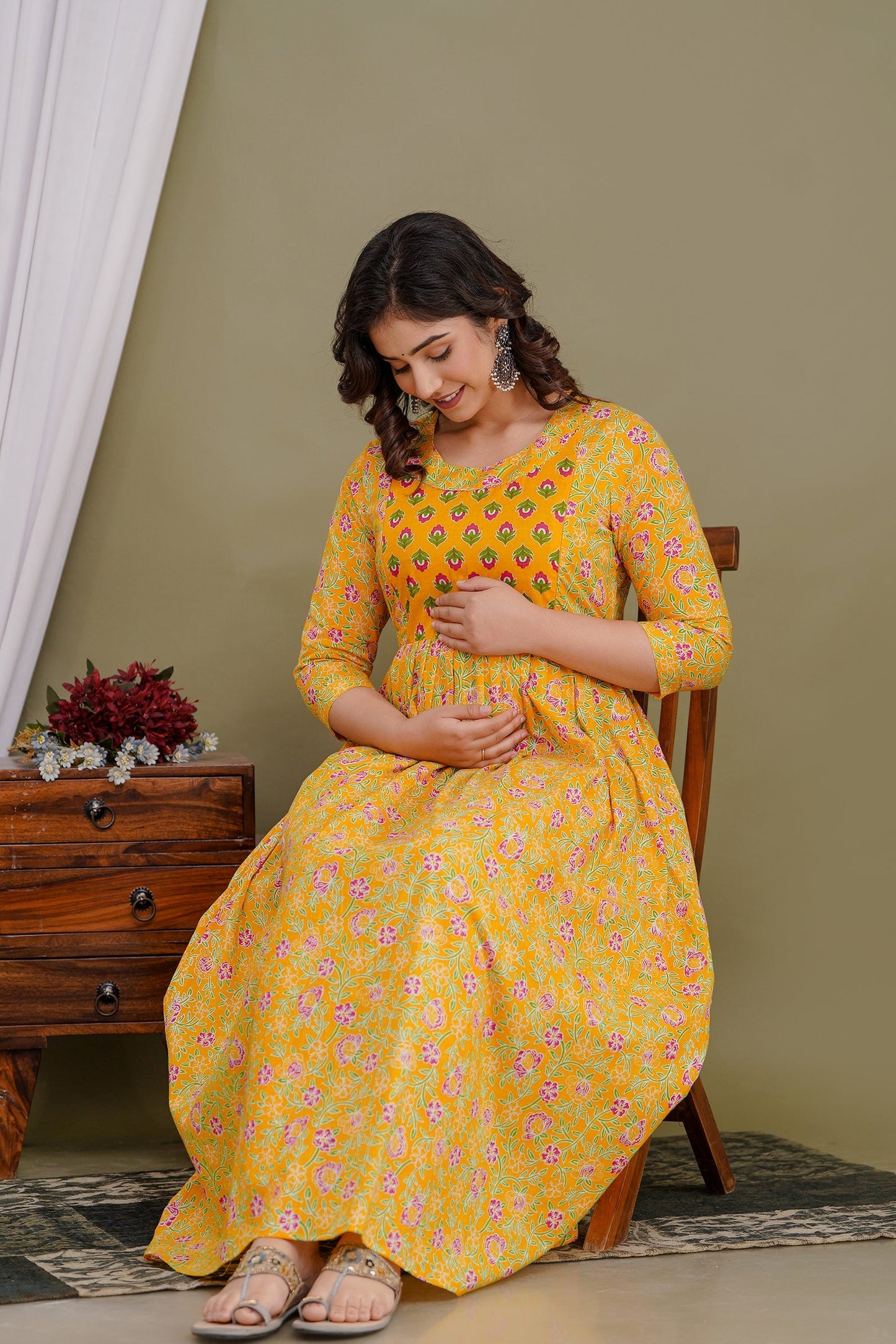 Hima Premium Cotton Anarkali Feeding & Maternity Kurti – 48 Inch Length, 2 Side Zips All-Day Comfort for Moms (Yellow)