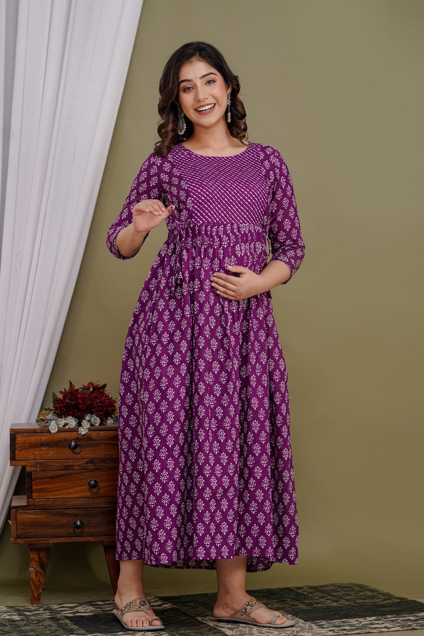 Hima Premium Cotton Anarkali Feeding & Maternity Kurti – 48 Inch Length, 2 Side Zips All-Day Comfort for Moms (Purple)