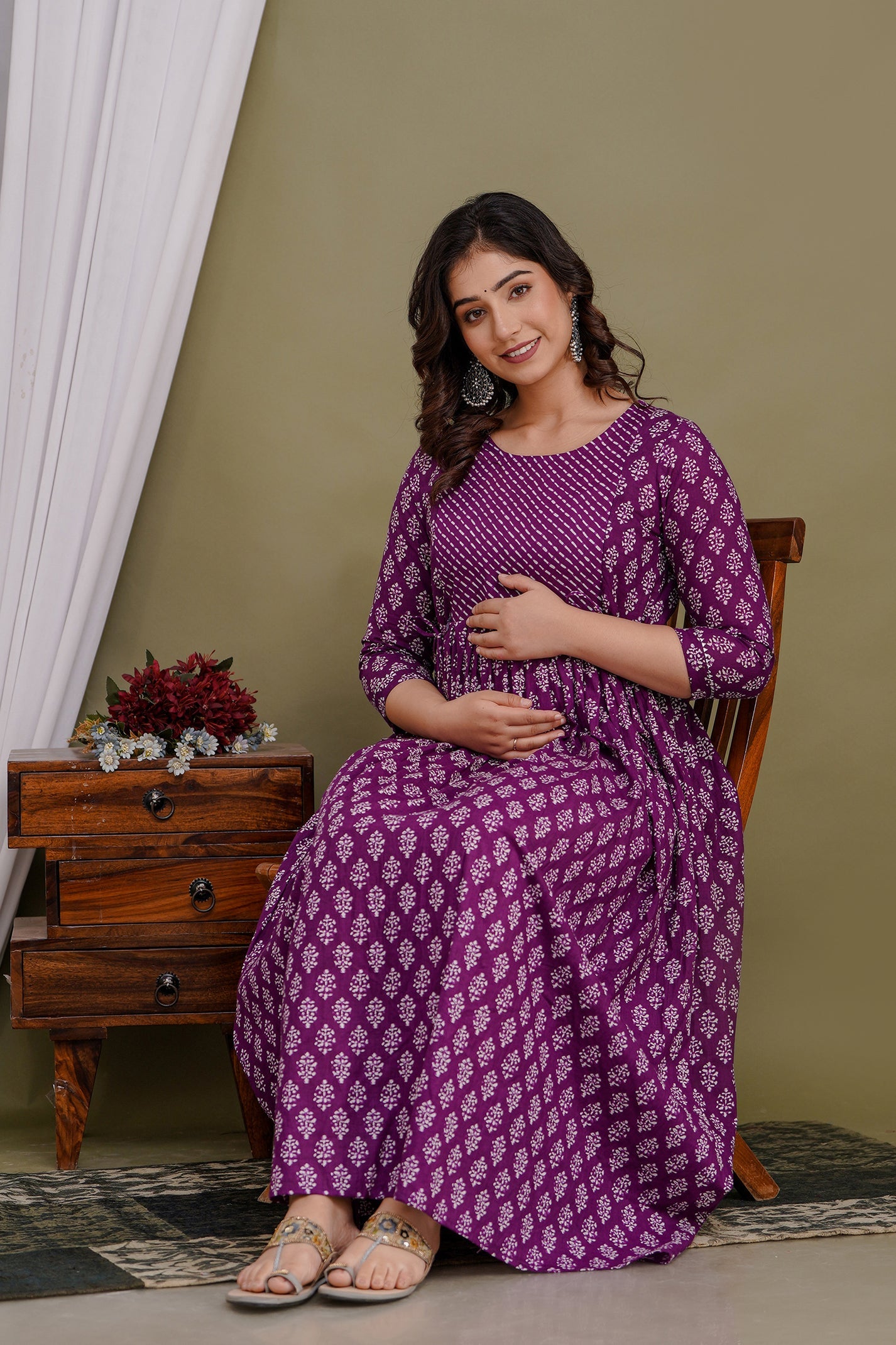 Hima Premium Cotton Anarkali Feeding & Maternity Kurti – 48 Inch Length, 2 Side Zips All-Day Comfort for Moms (Purple)