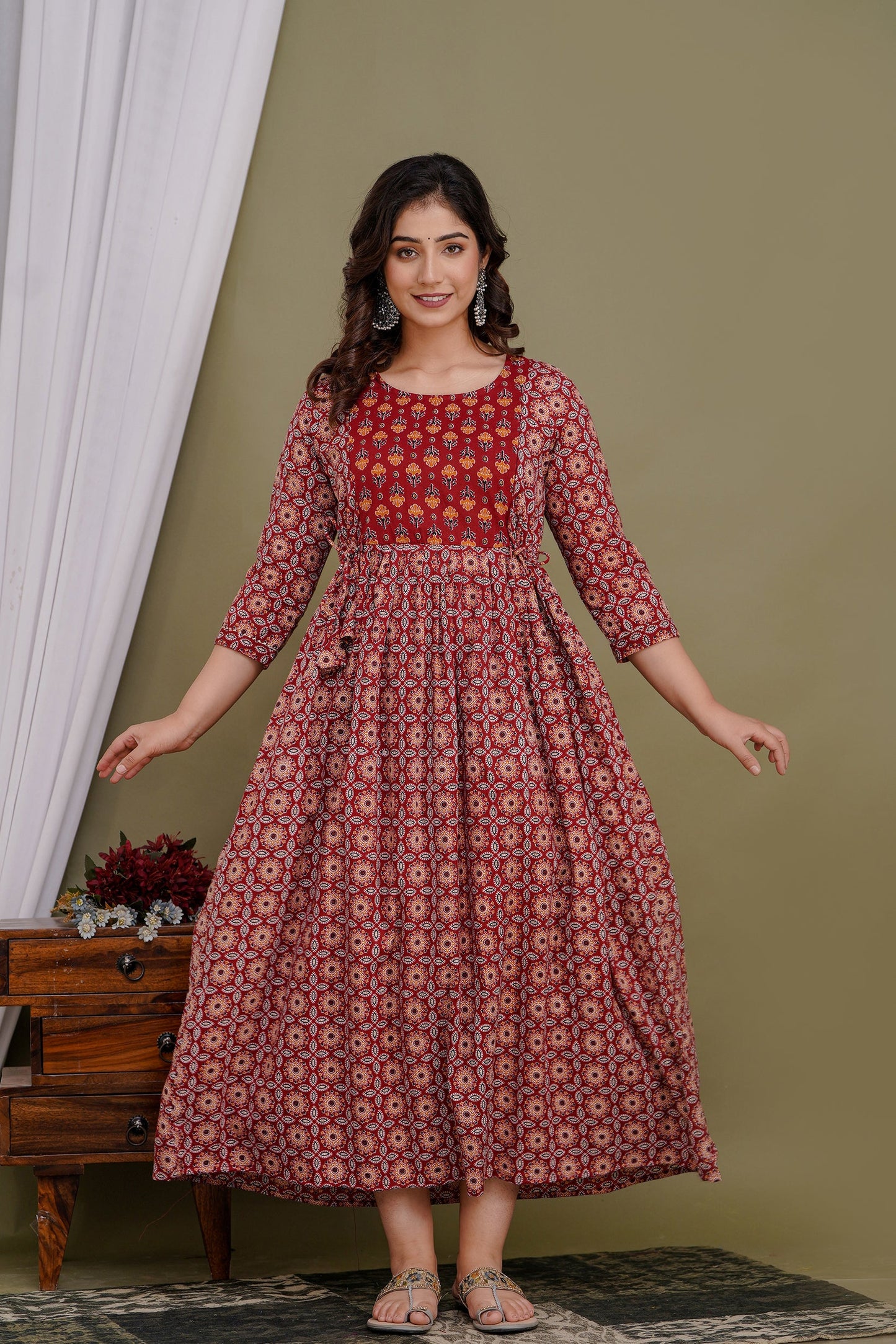 Versatile Comfort: Hima Women's Maternity Cum Feeding Gown Kurtis (Red)(TUL001)