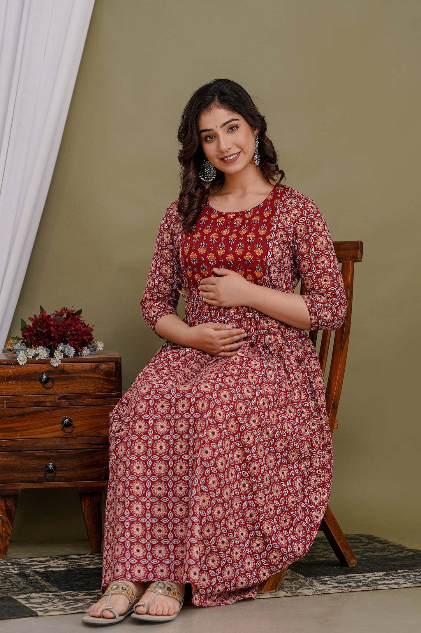 Versatile Comfort: Hima Women's Maternity Cum Feeding Gown Kurtis (Red)(TUL001)