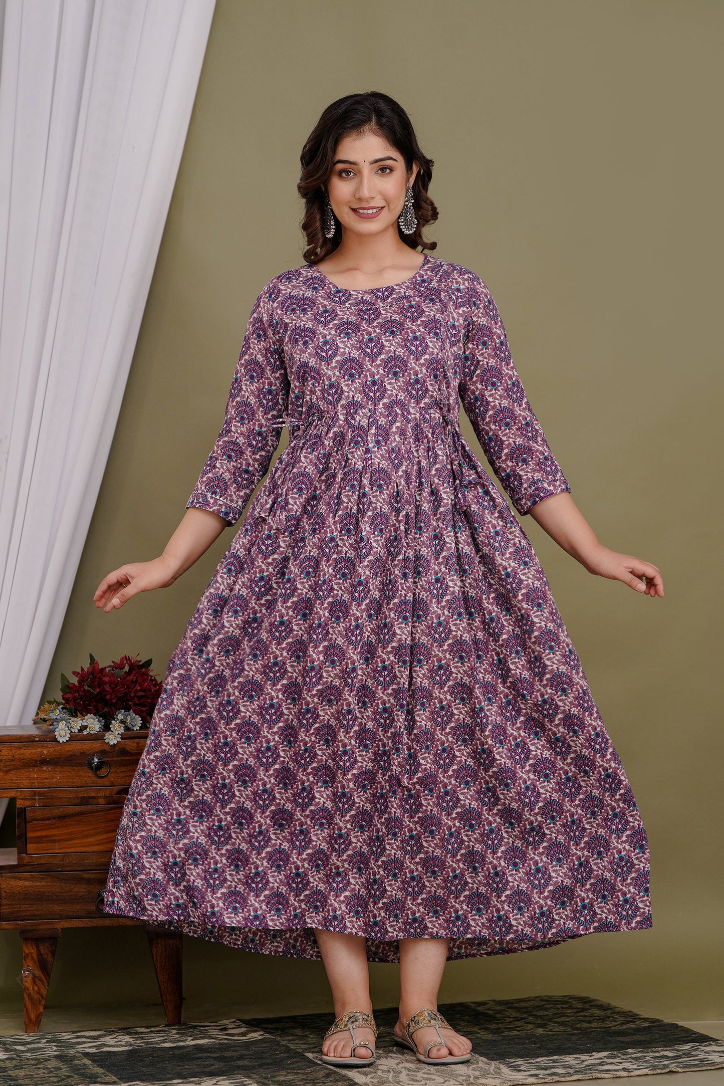 Hima Premium Cotton Anarkali Feeding & Maternity Kurti β 48 Inch Length, 2 Side Zips All-Day Comfort for Moms (Purple)