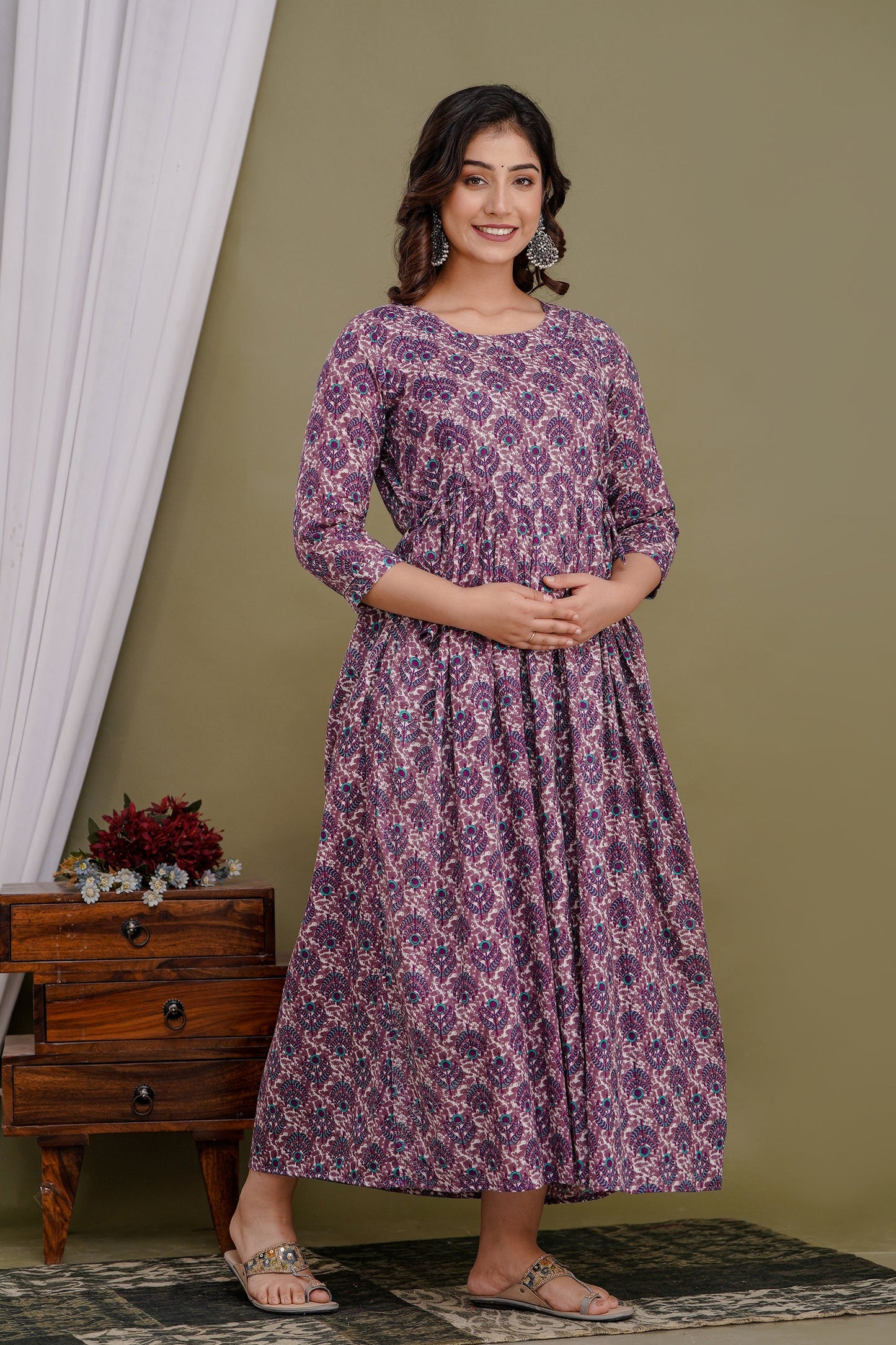 Hima Premium Cotton Anarkali Feeding & Maternity Kurti β 48 Inch Length, 2 Side Zips All-Day Comfort for Moms (Purple)