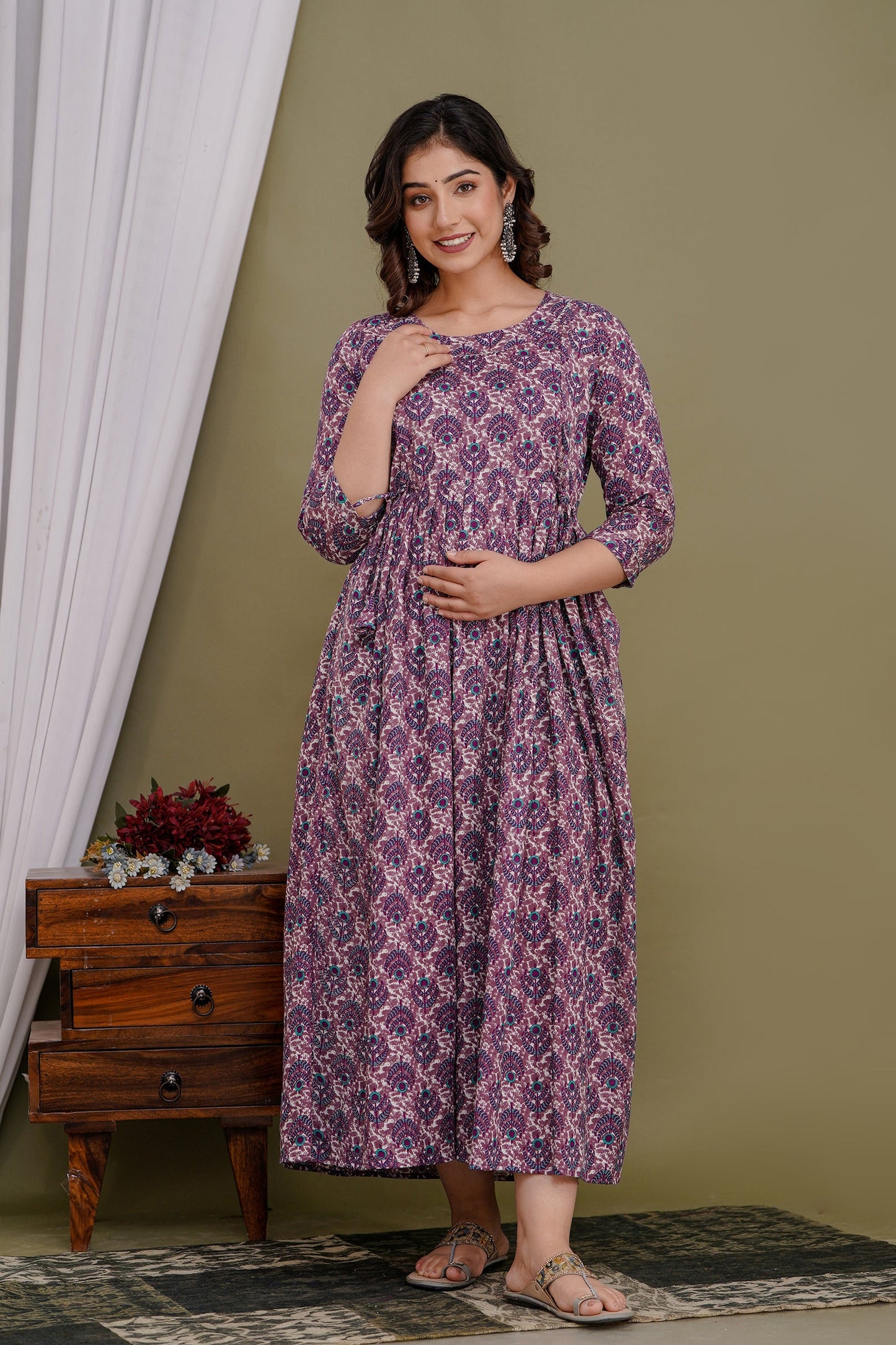 Hima Premium Cotton Anarkali Feeding & Maternity Kurti β 48 Inch Length, 2 Side Zips All-Day Comfort for Moms (Purple)