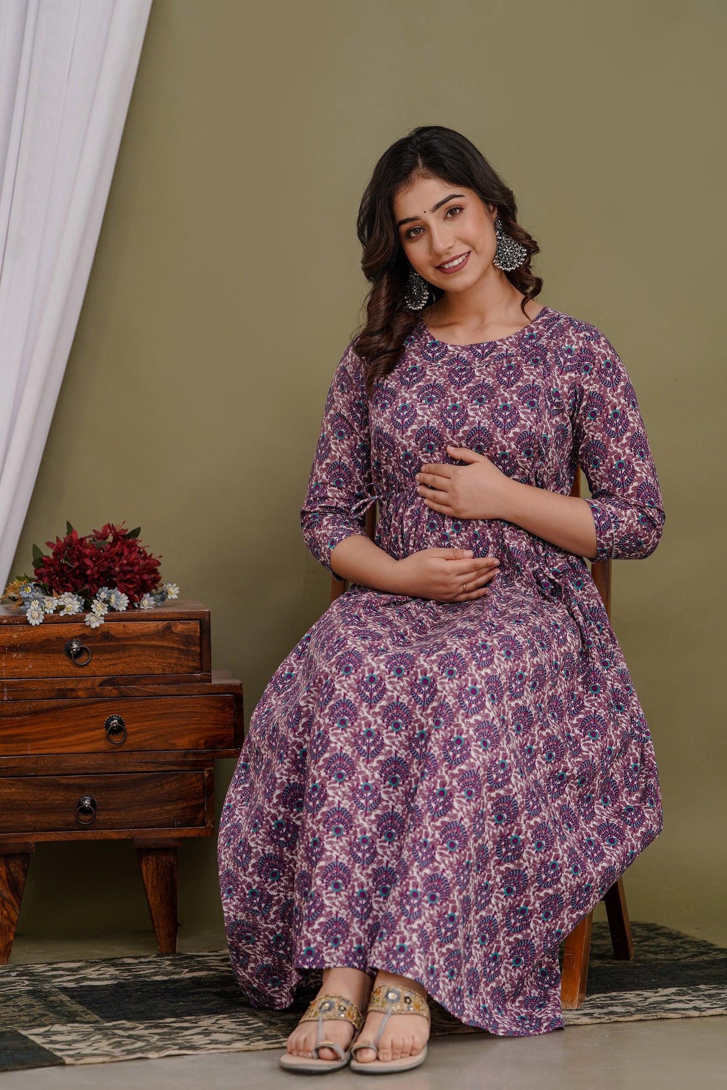 Hima Premium Cotton Anarkali Feeding & Maternity Kurti β 48 Inch Length, 2 Side Zips All-Day Comfort for Moms (Purple)