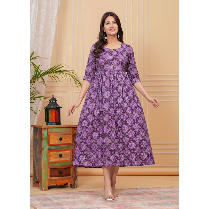 Hima Premium Cotton Anarkali Feeding & Maternity Kurti – 48 Inch Length, 2 Side Zips All-Day Comfort for Moms Purple