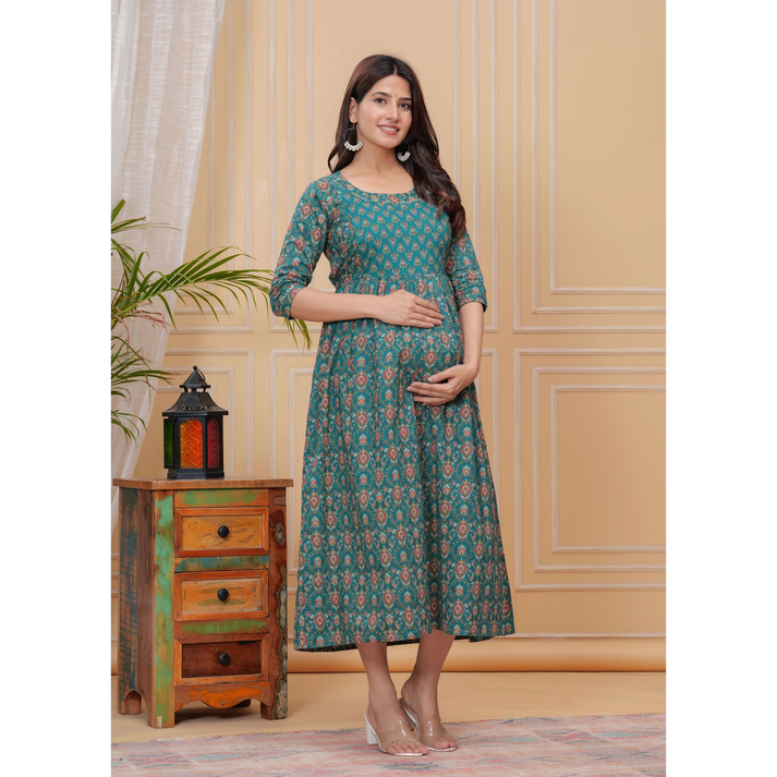 Hima Anarkali Feeding & Maternity Kurti – Effortless Style & All-Day Comfort for Moms (Green)