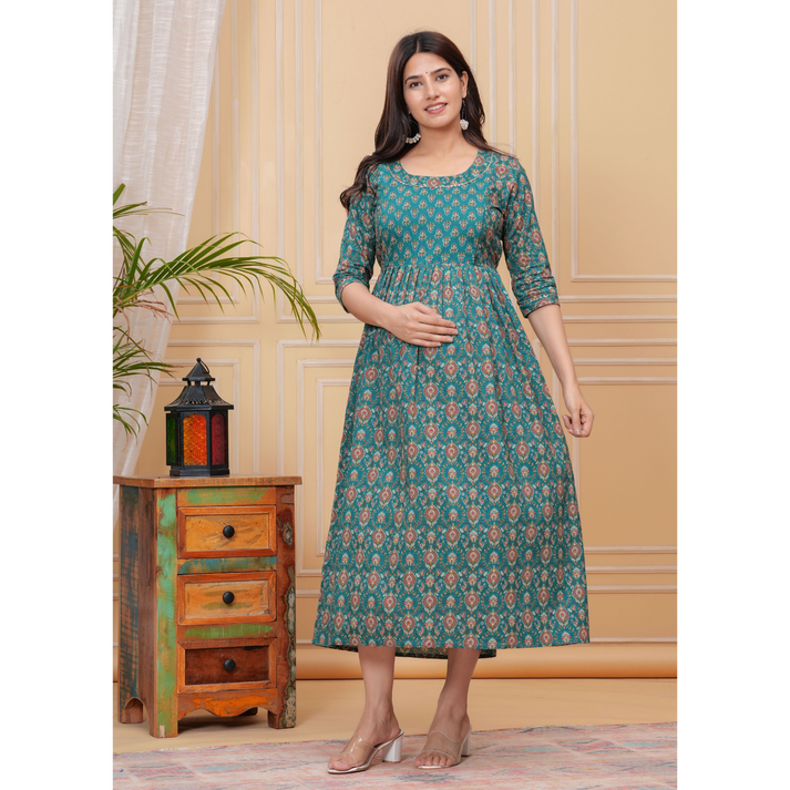 Hima Anarkali Feeding & Maternity Kurti – Effortless Style & All-Day Comfort for Moms (Green)